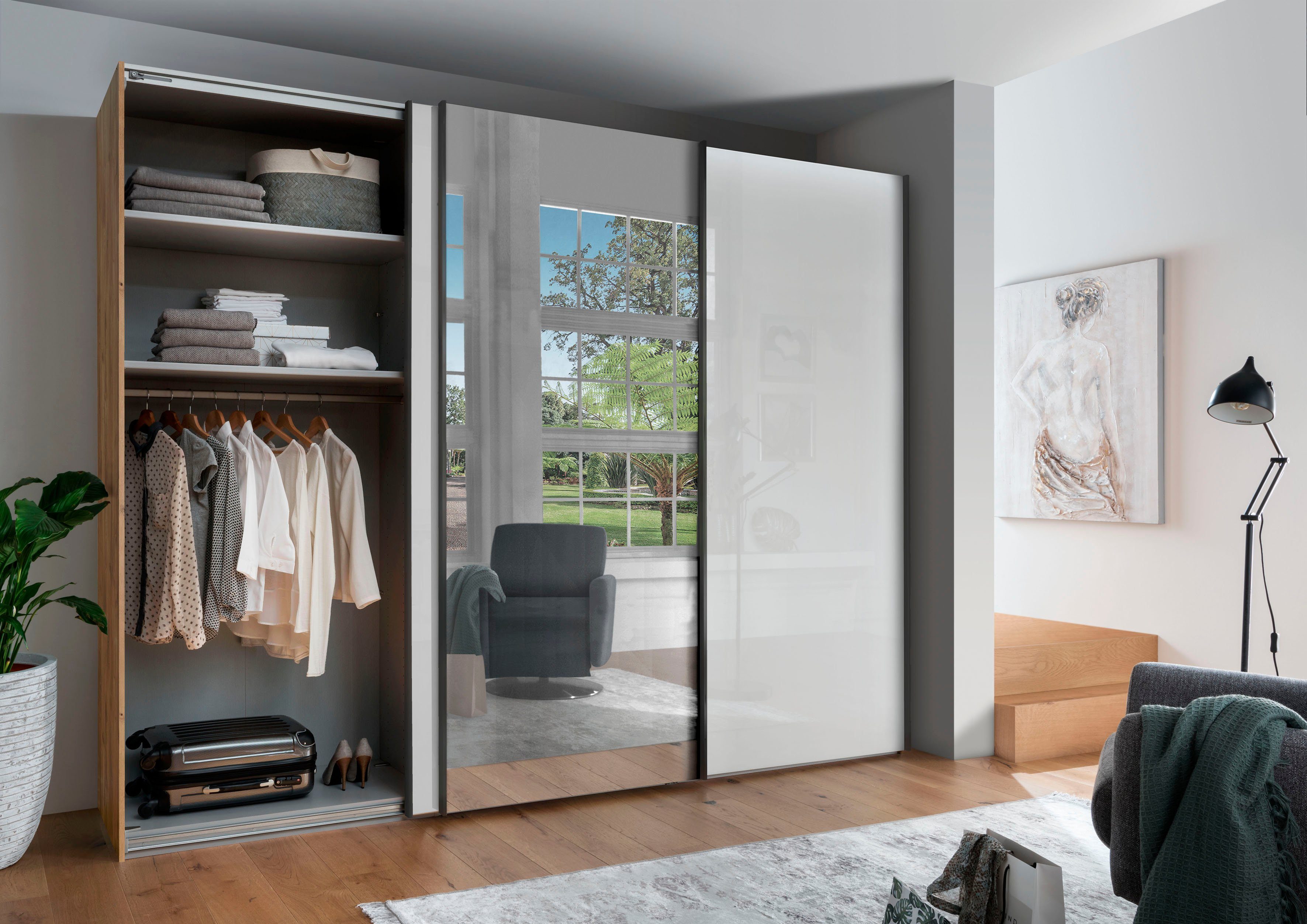 WIEMANN Zweefdeurkast Monaco, Kledingkast, Kast, Linnenkast, met schuifdeuren hoogwaardige glazen en spiegelvoorkant, variabele binnenindeling