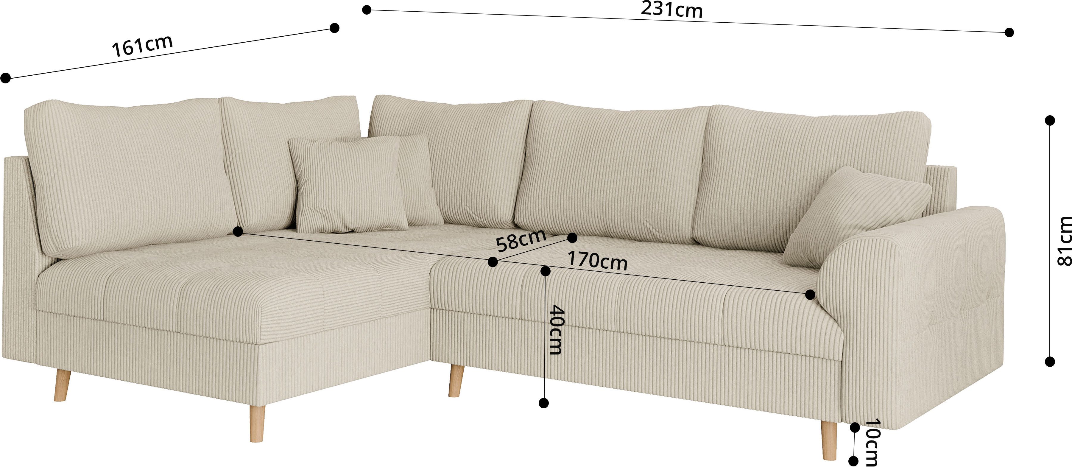 Home affaire Hoekbank CHARRE L-vorm met ottomane, afmetingen B/D/H: 231/161/81 cm fijne stiksels, losse rug- en sierkussens, ook in cord en bouclé