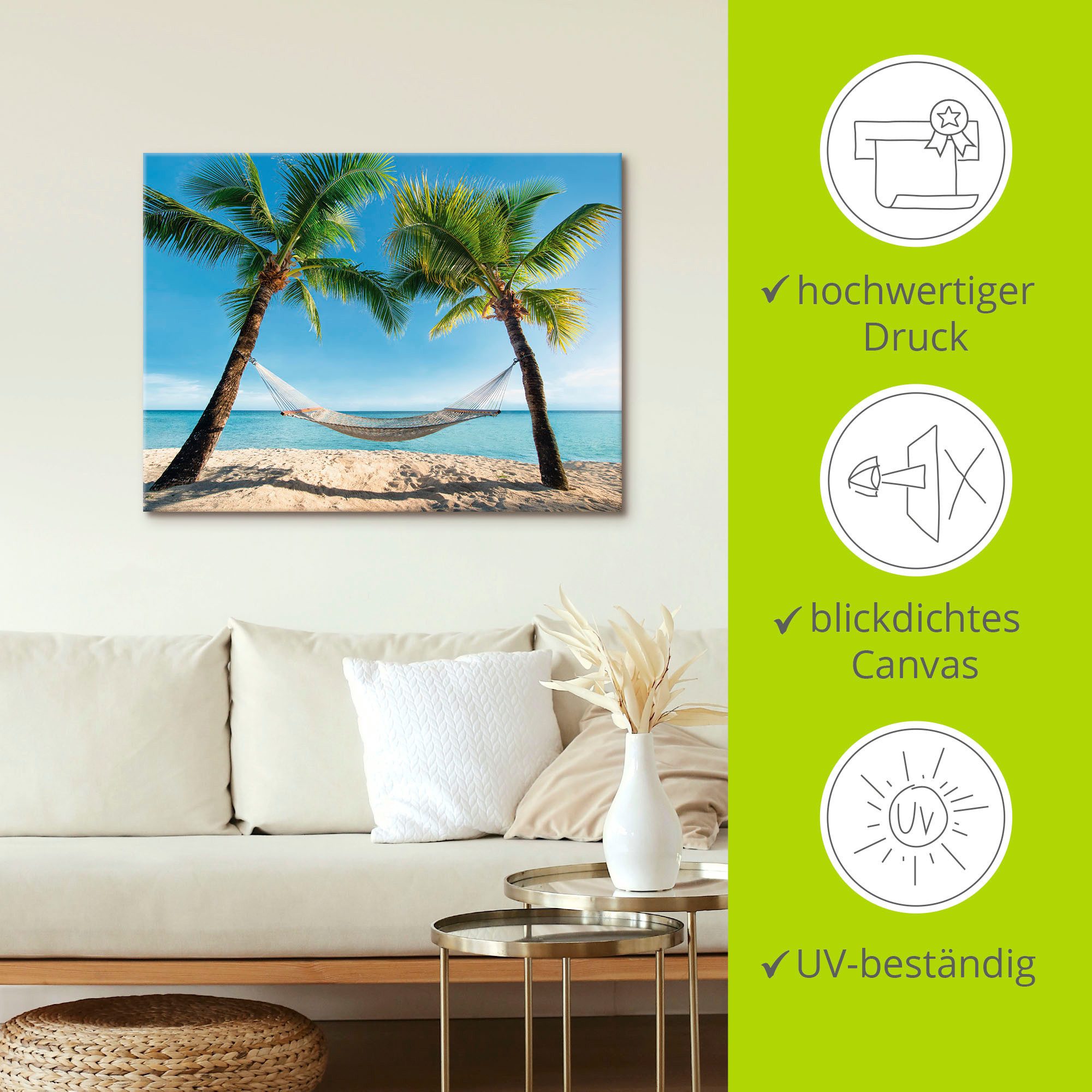 Artland Artprint Palmenstrand Caribic met hangmat als artprint op linnen, poster, muursticker in verschillende maten