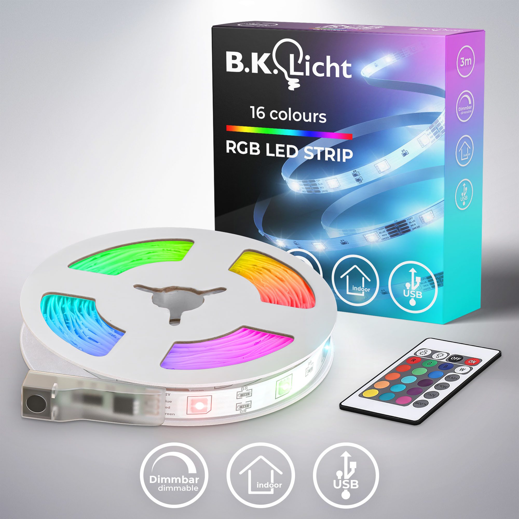 B.K.Licht Led-strip USB LED strip, 3 m, met kleurverandering Lichtstrip, met afstandsbediening, zelfklevend (1 stuk) led lichtsnoeren wit