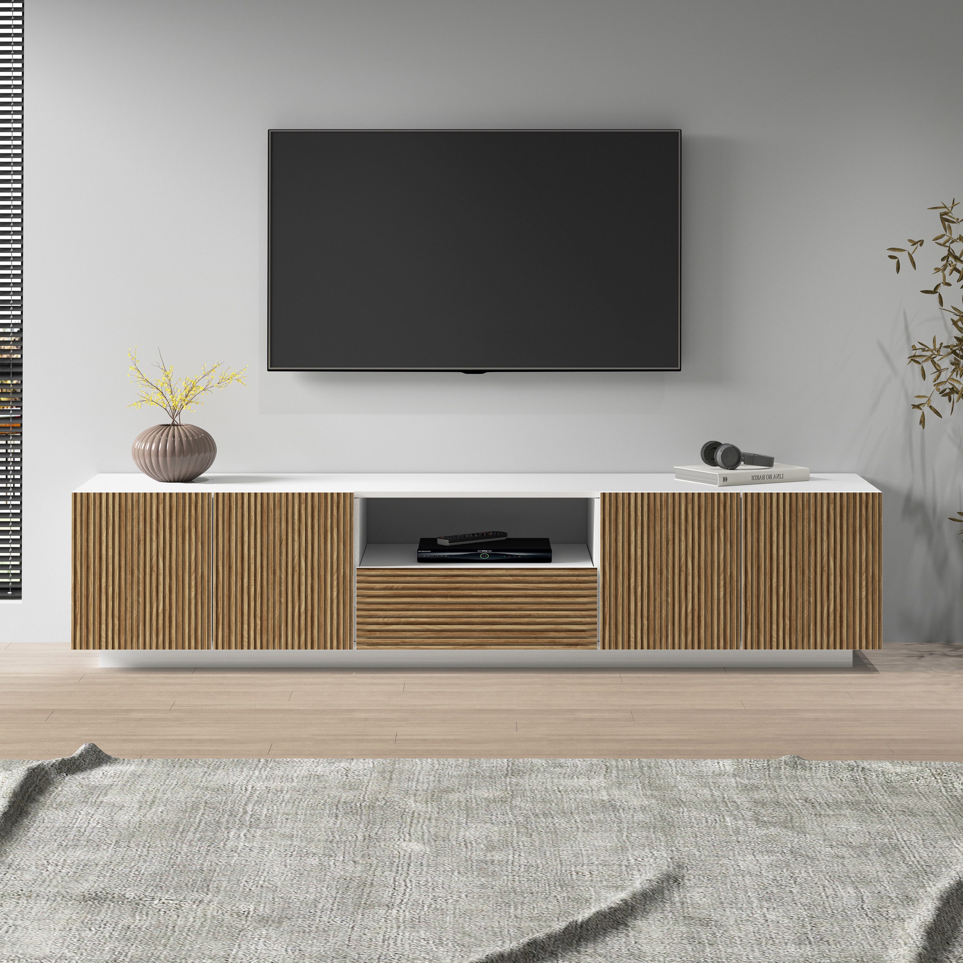 INOSIGN Tv-meubel Vega, Lowboard, TV-meubel, TV-kast, 220 cm met 4 deuren en 1 lade, fronten met groeflook