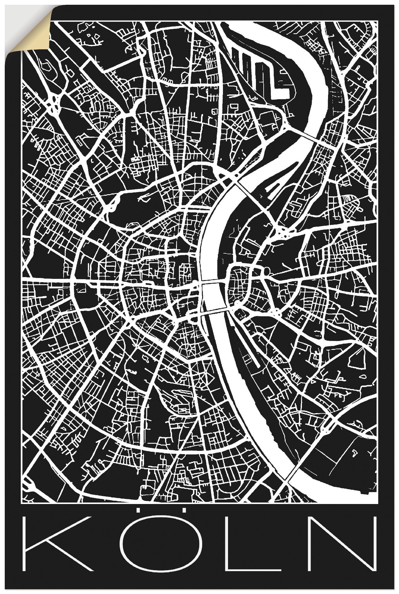 Artland Artprint Retro kaart Keulen Duitsland zwart in vele afmetingen & productsoorten - artprint van aluminium / artprint voor buiten, artprint op linnen, poster, muursticker / w