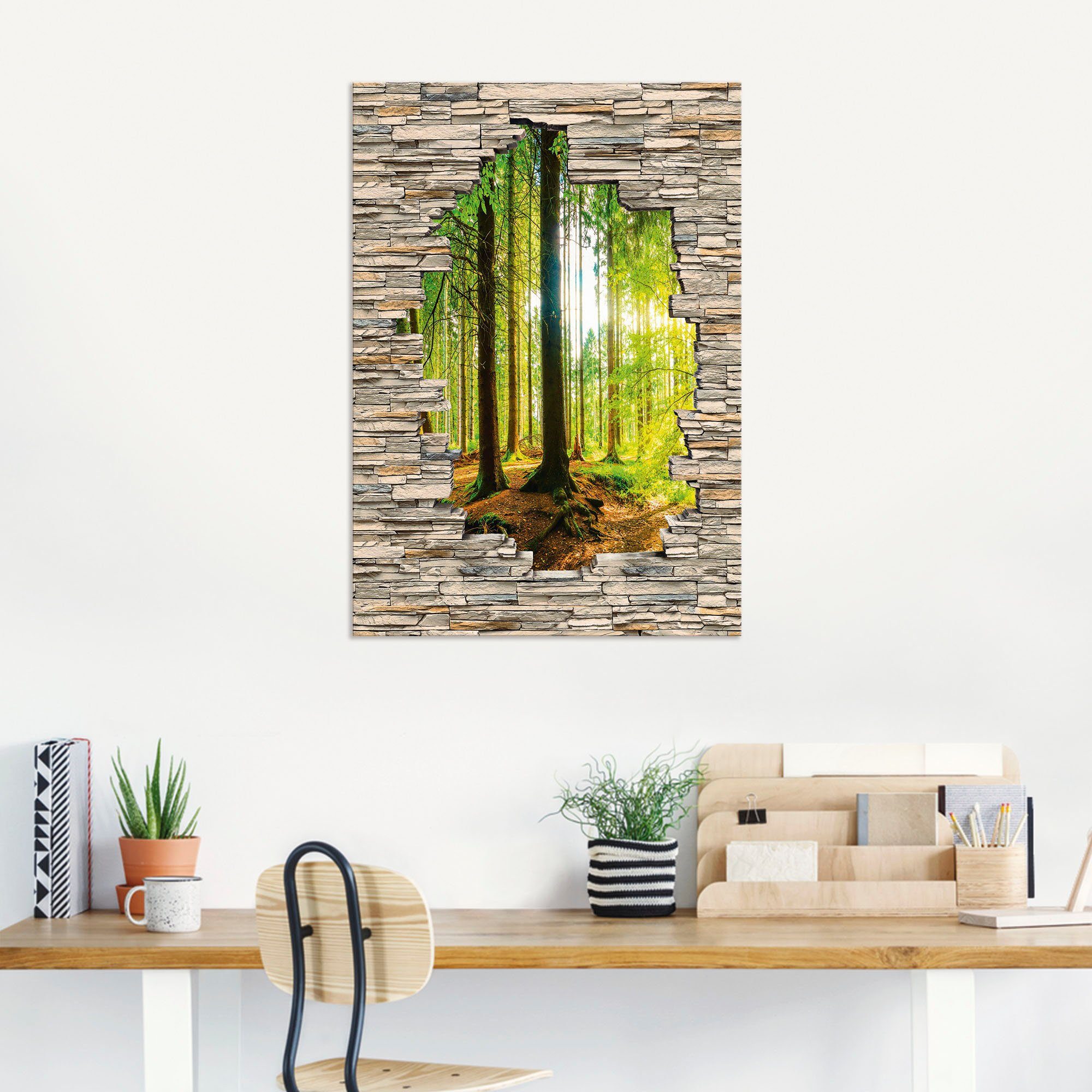 Artland Artprint Bos met stenen muur met uitzicht op de kreek als artprint van aluminium, artprint voor buiten, poster, muursticker in diverse maten formaten