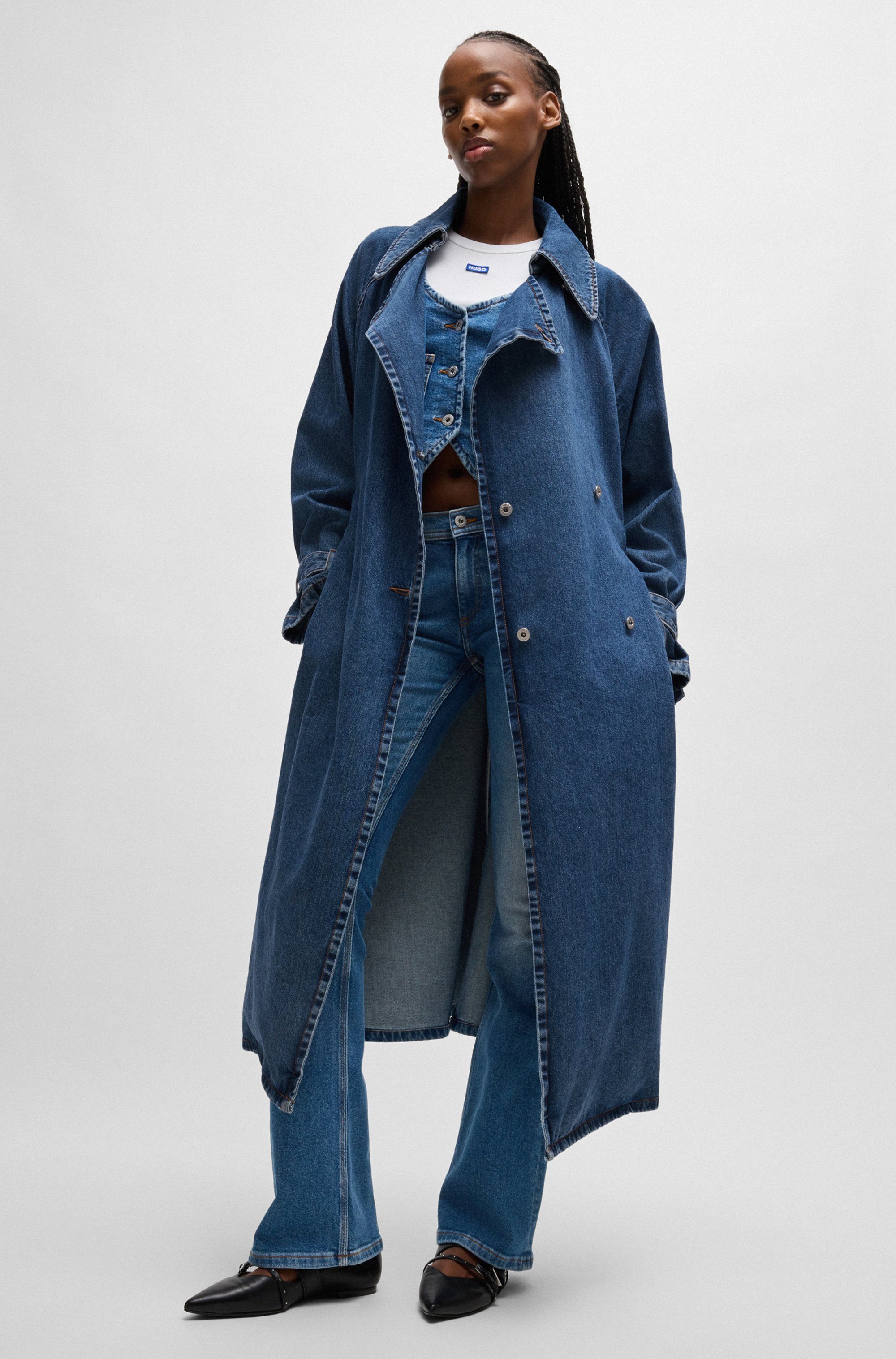 HUGO Blue Trenchcoat Garena met tailleband, all-over denim fashion piece jeans trenchcoat