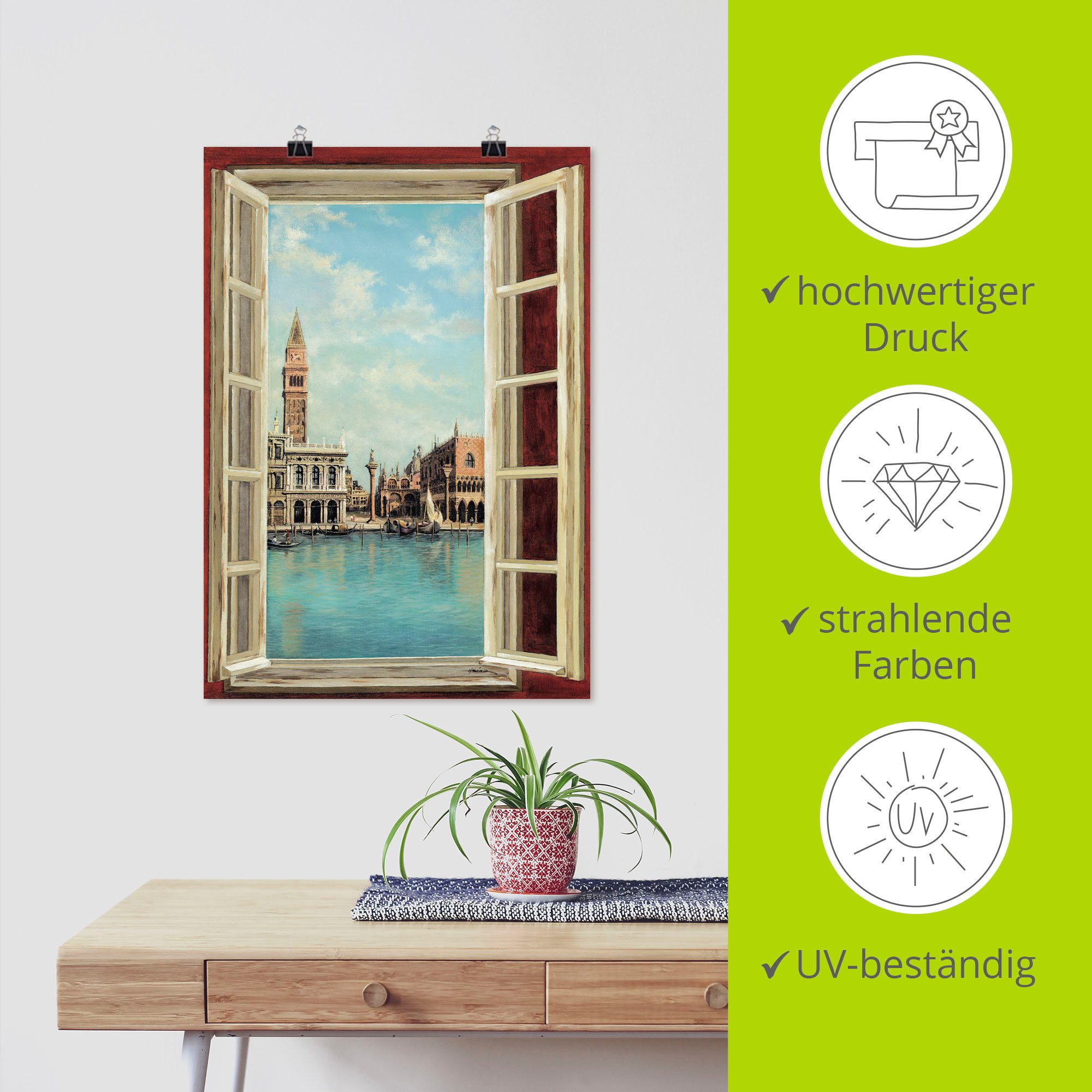Artland Artprint Raam met uitzicht op Venetië als artprint op linnen, poster, muursticker in verschillende maten