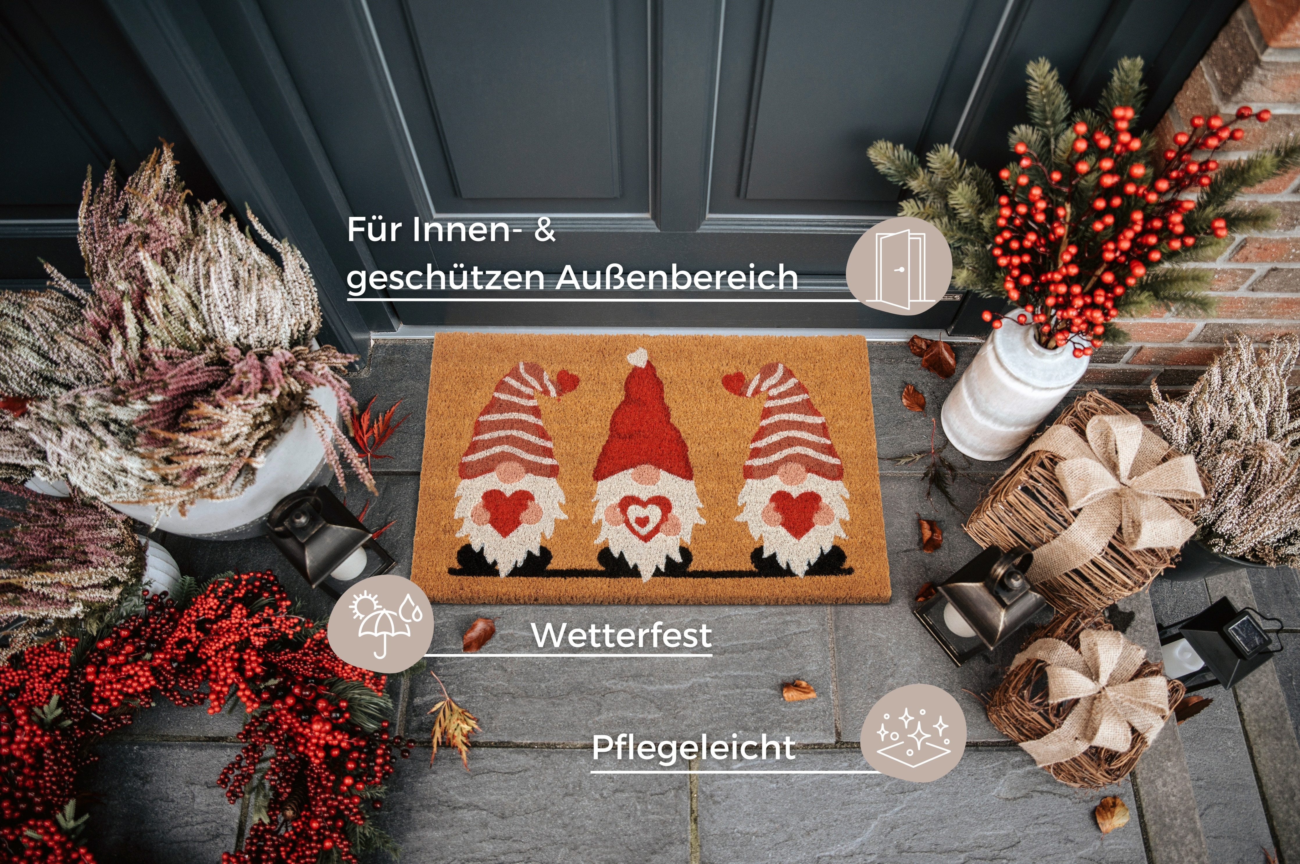 HANSE Home Mat Kokos Gnome Heart, deurmat Vuilafstotende mat, antislip, buiten, kerst, kokosmat, dwerg