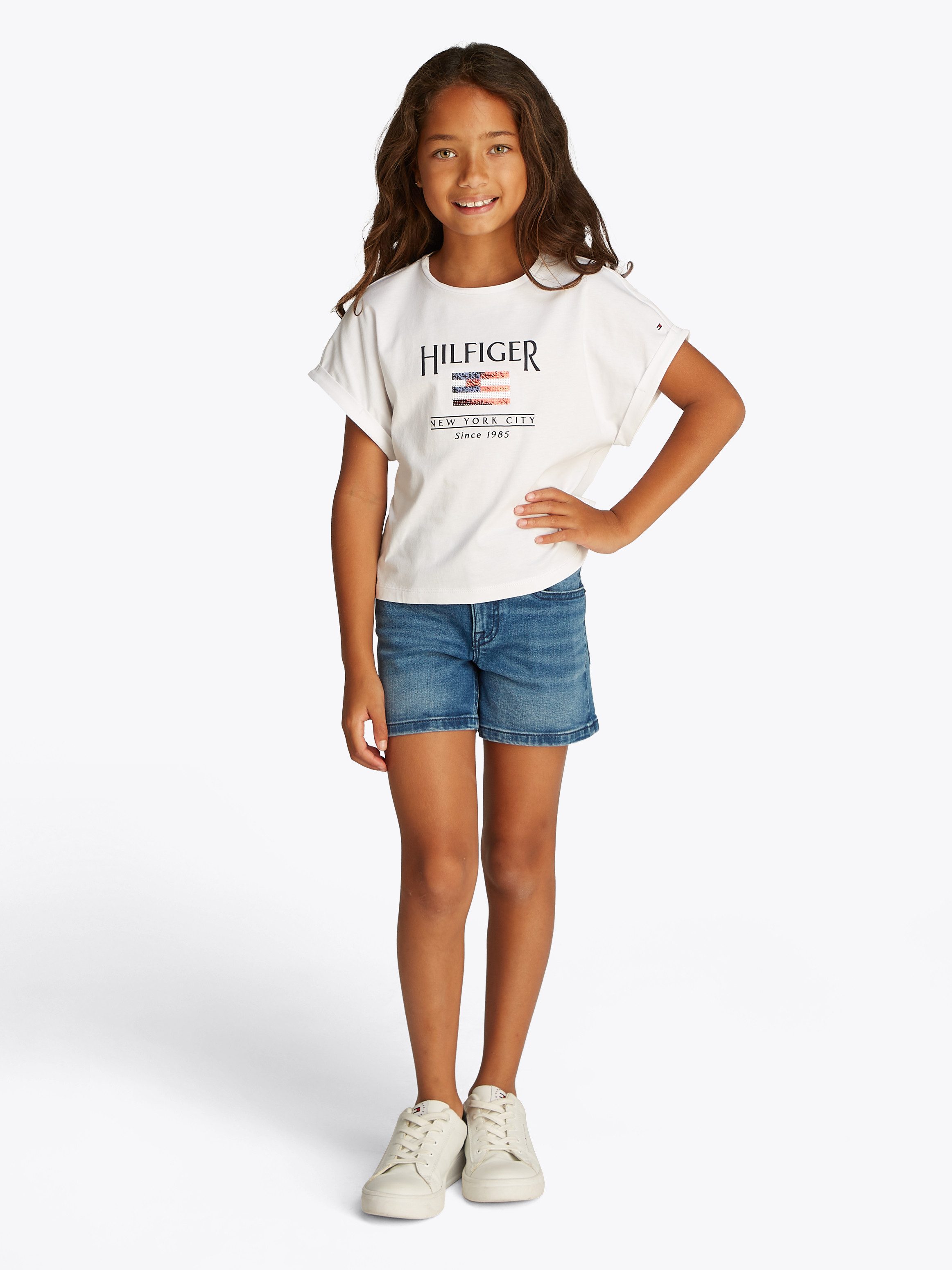 Tommy Hilfiger Shirt met korte mouwen HILFIGER SEQUINS FLAG TEE SS met pailletten, met logo-print