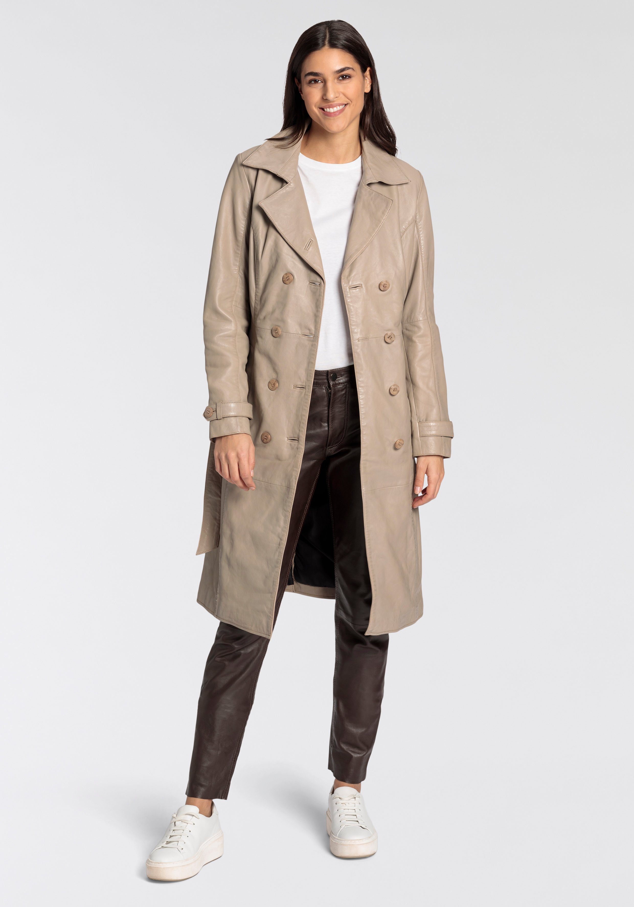 Gipsy Lange, leren jas GWTaruh OT elegante leren trenchcoat met bindceintuur (2-delig)