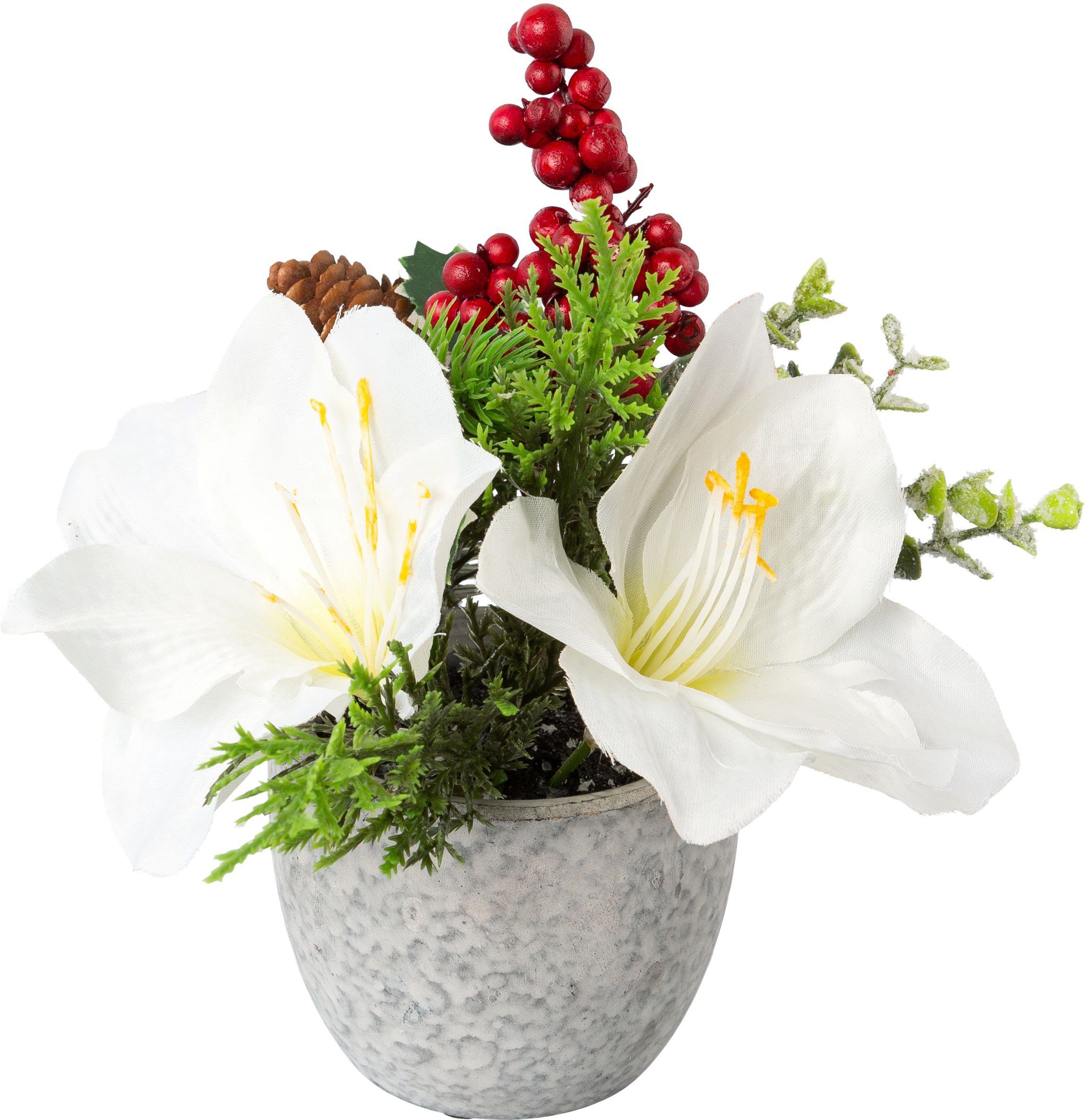 Creativ green Winterse kunstplant Kerst versiering in cementpot, met bessen en takken (2 stuks)