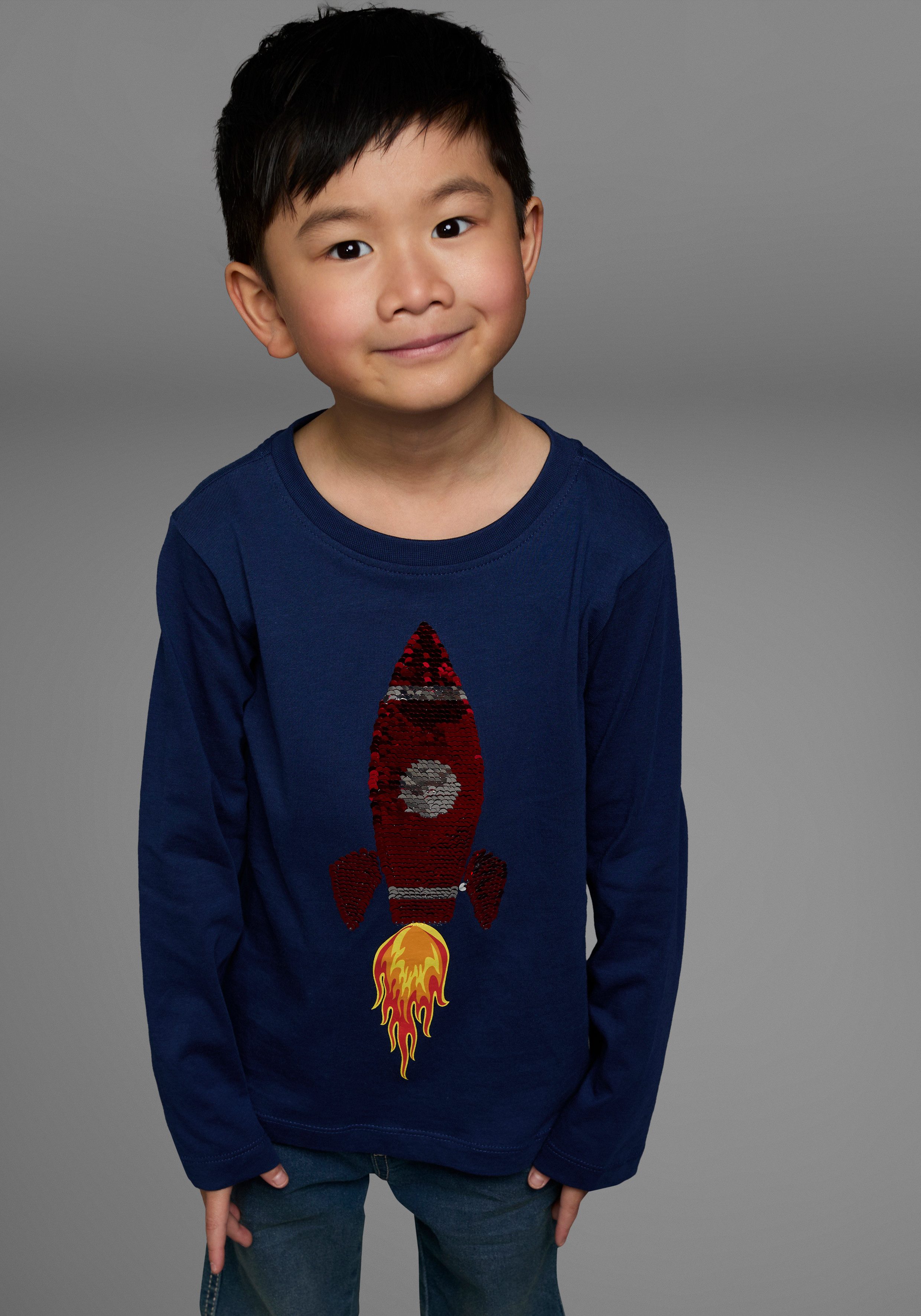 KIDSWORLD Shirt met lange mouwen Raket van omkeerbare pailletten lange mouwen, basic pasvorm, van jersey stof, van katoen