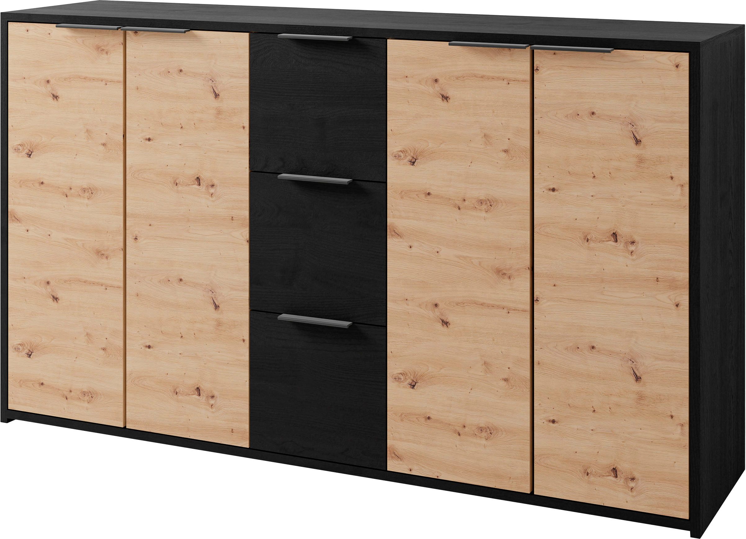 byLIVING Dressoir Rimini Melamine eiken zwart en artisan eiken, 3 lades, 4 deuren