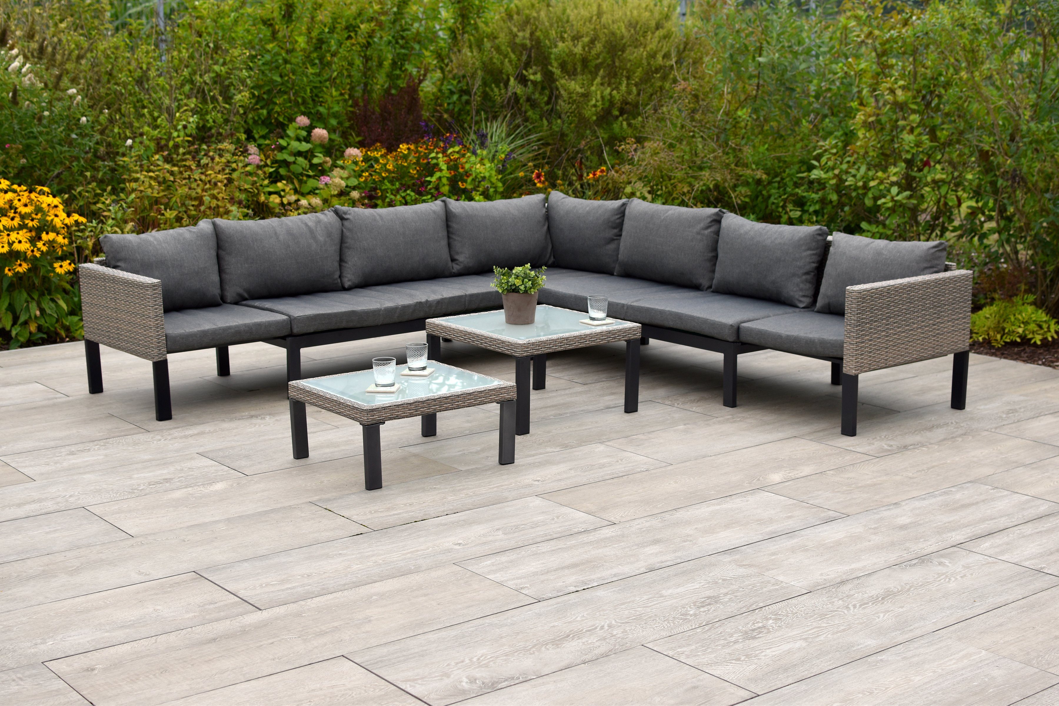 MERXX Tuin-eethoek Amantea Hoekbank, incl. zit- en rugkussens, 2 tafels (set, 16-delig)