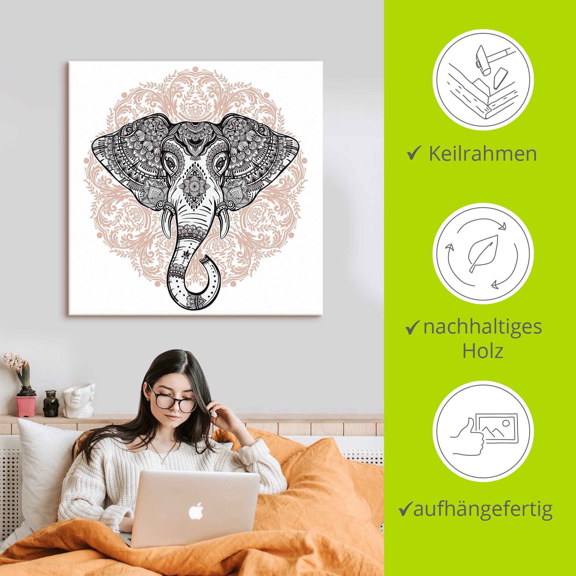Artland Artprint Vintage mandala olifant als artprint op linnen, poster, muursticker in verschillende maten