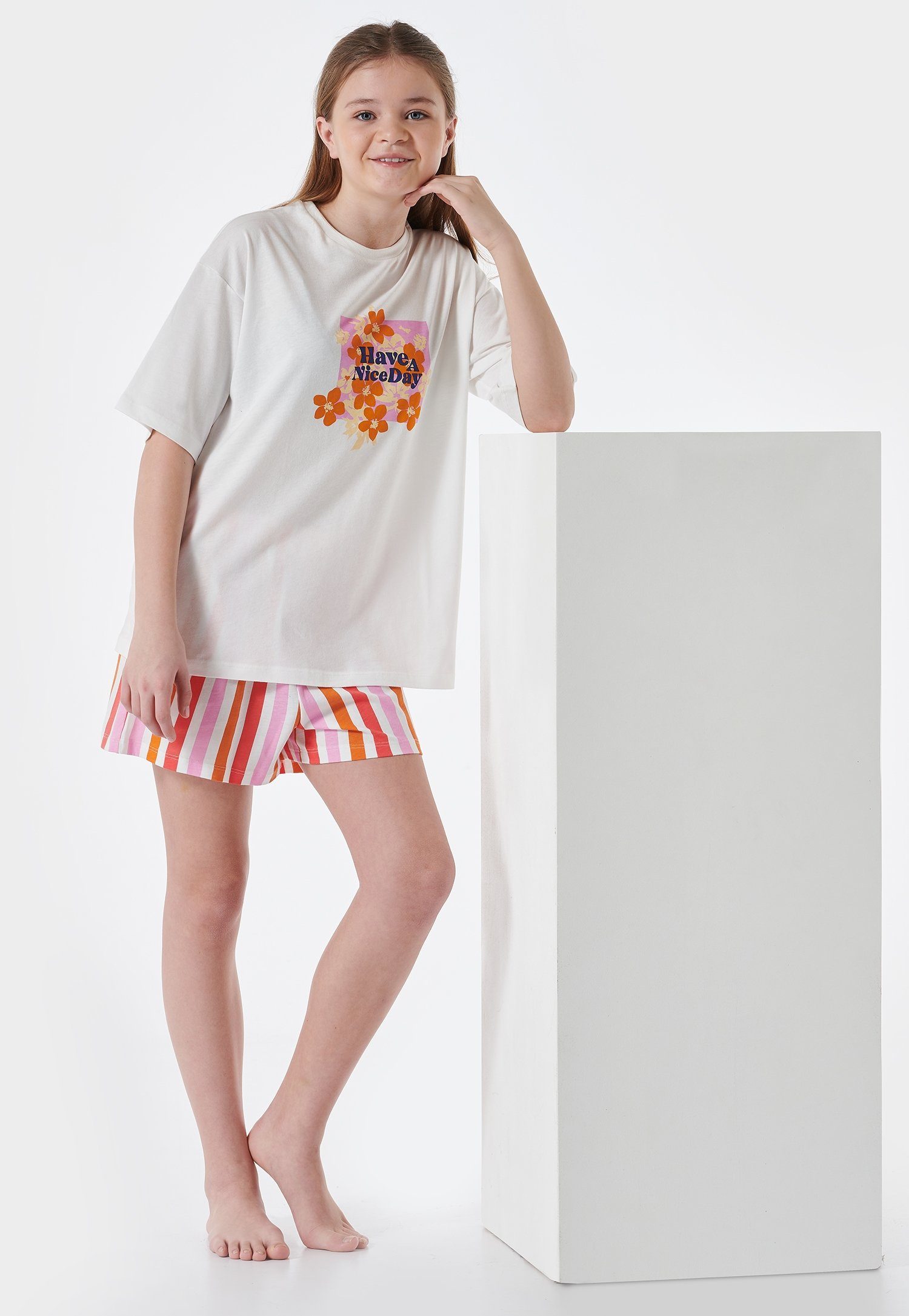 Schiesser Pyjama Nightwear met "have a nice day"-tekst en zomerse bloemenprint (2-delig)