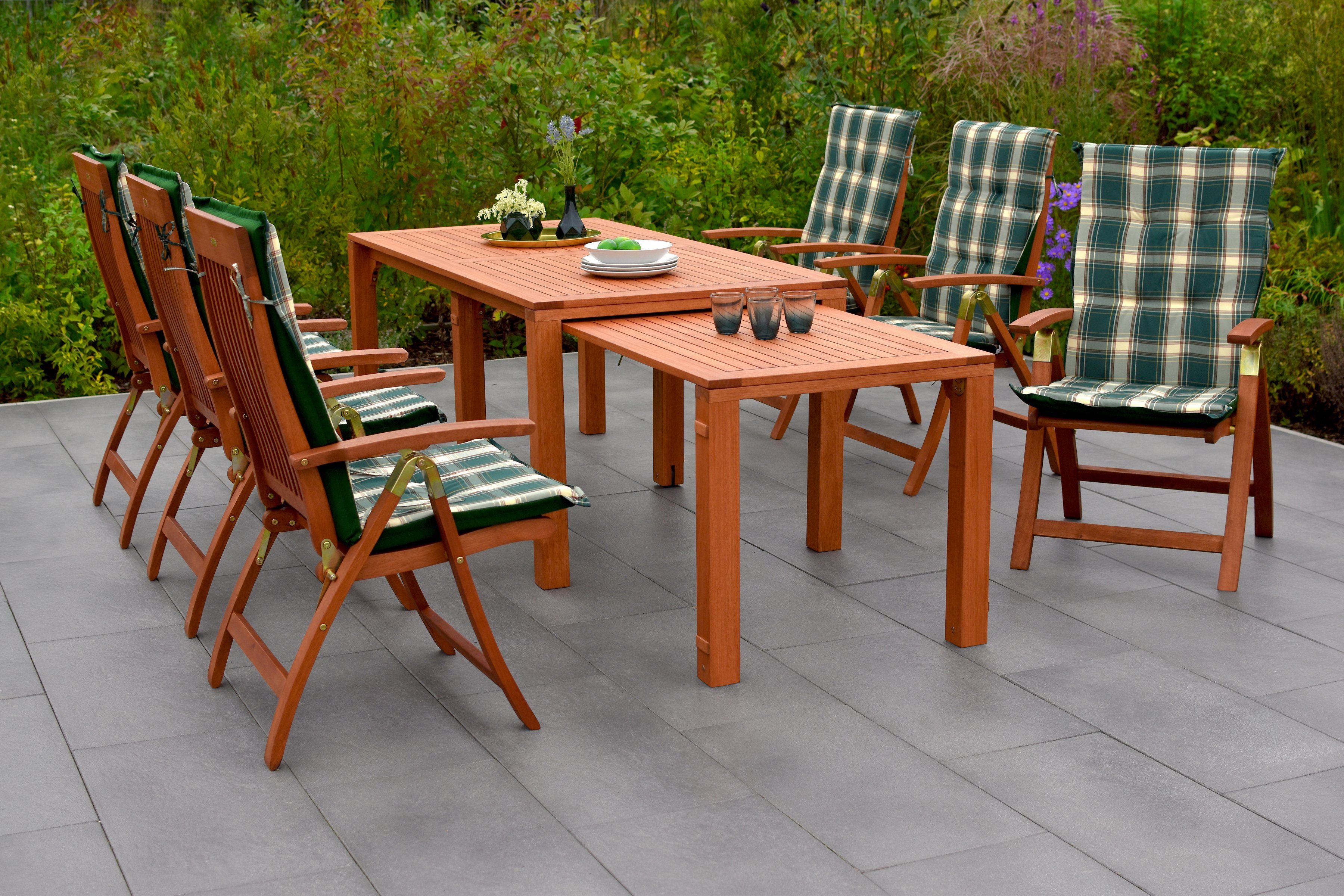 MERXX Tuin-eethoek Comodoro 6 klapstoelen, 5-voudig verstelbaar, 6 kussens, uitschuifbare tafel (set, 13-delig) tuinsets