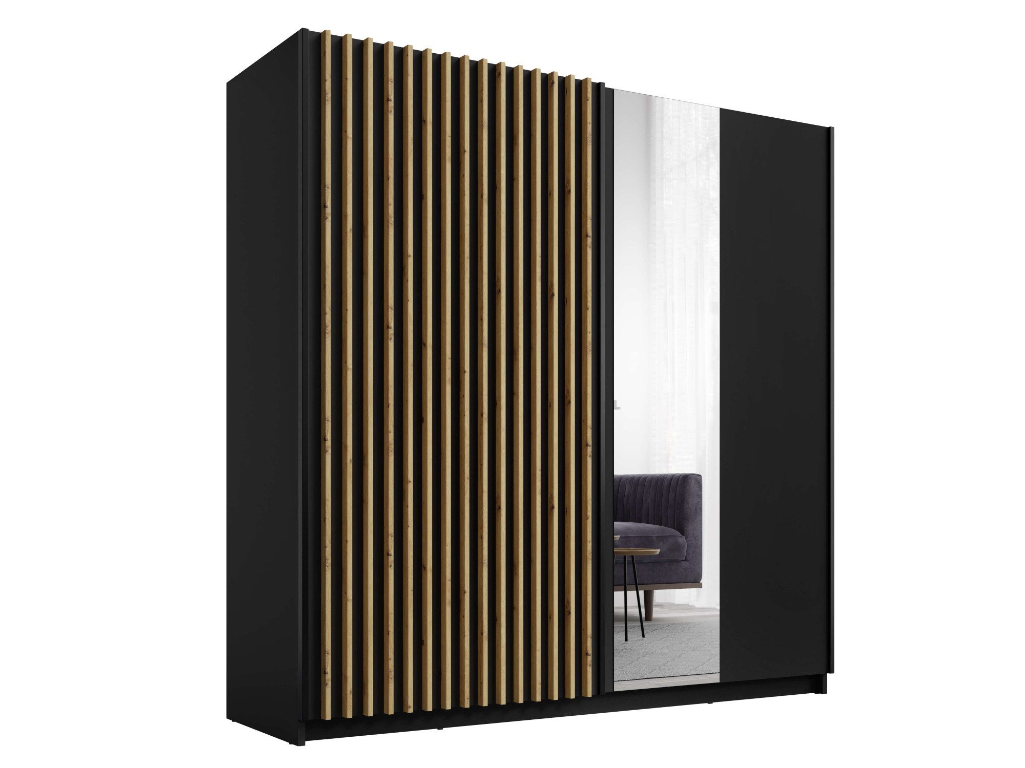 INOSIGN Kledingkast Camden met spiegel, 4 legplanken en kledingstang Garderobe met 2 schuifdeuren en lamellen, BxHxD 200,2x198,5x61,6 cm
