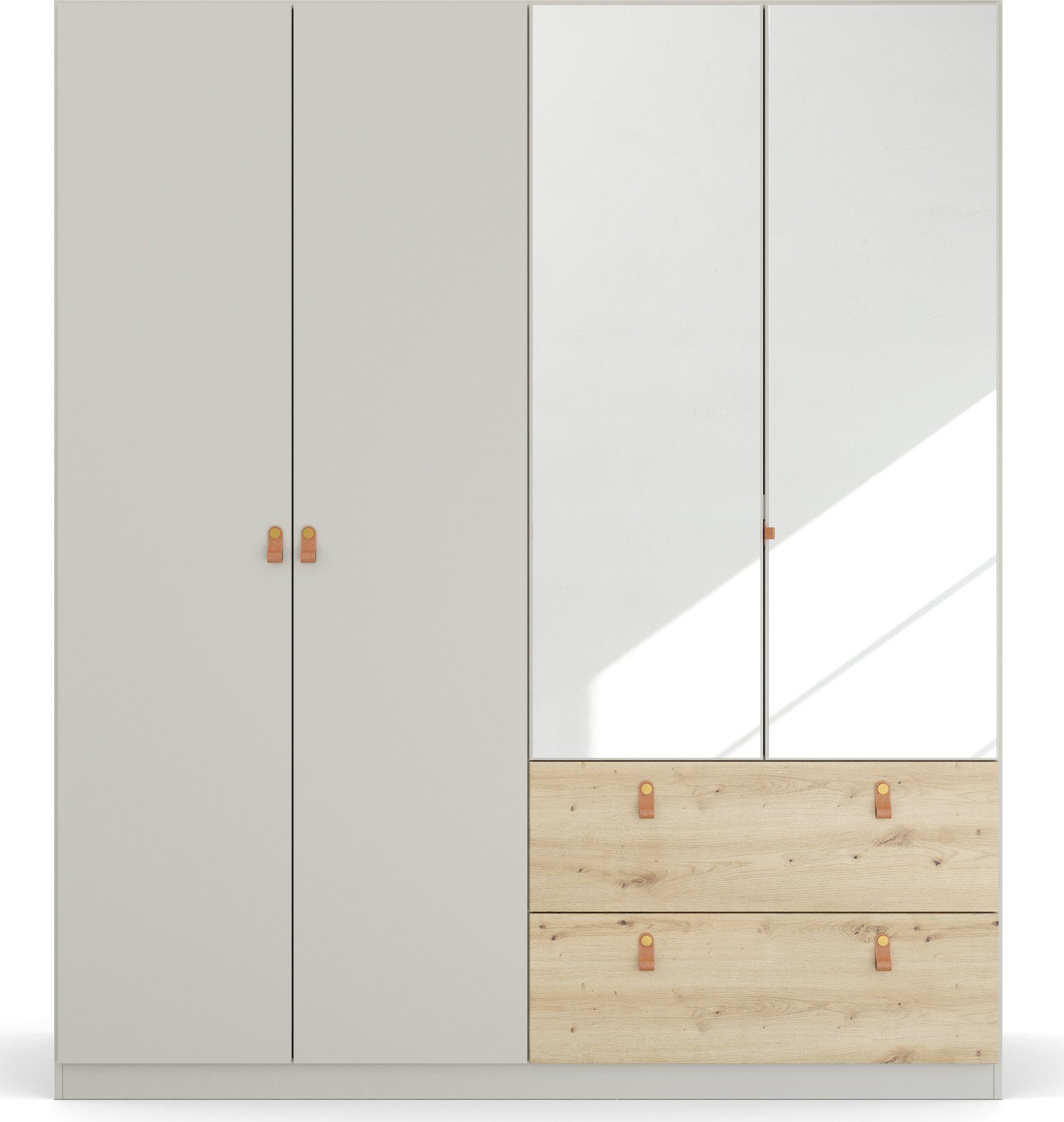 rauch Draaideurkast Homey by Quadra Spin met cognacbruine leren greeplussen, laden in eiken-decor