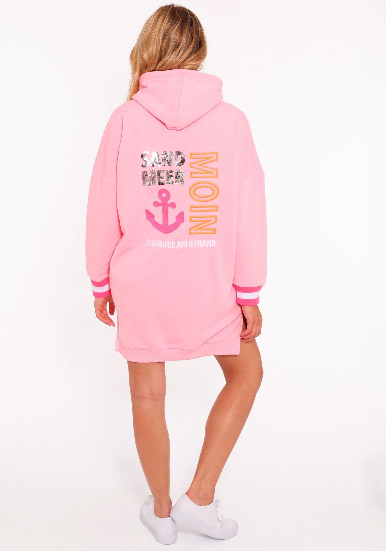 Zwillingsherz Sweatjurk Thuis aan het strand met capuchon, zakken, voor- en achtermotief en boorden met neonstrepen