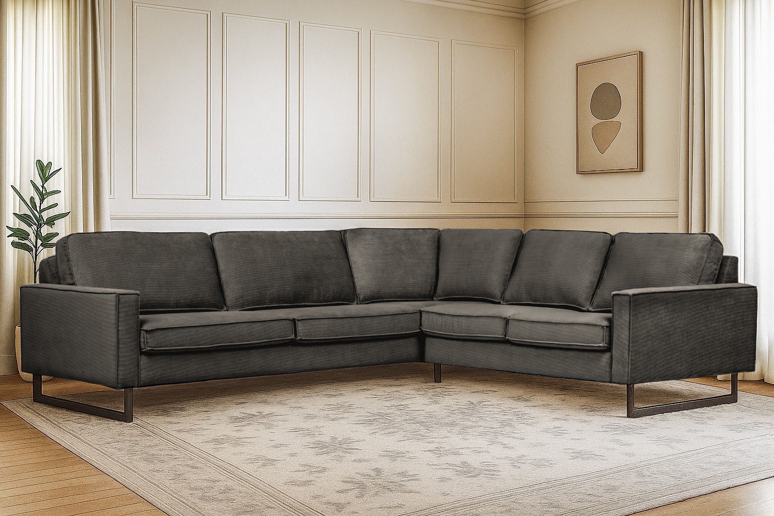Places of Style Hoekbank Pinto, XXL, 250/290 cm, lange arm, ottomane Cord, chenille, leerlook, met bies, metalen voeten, golfondersteuning