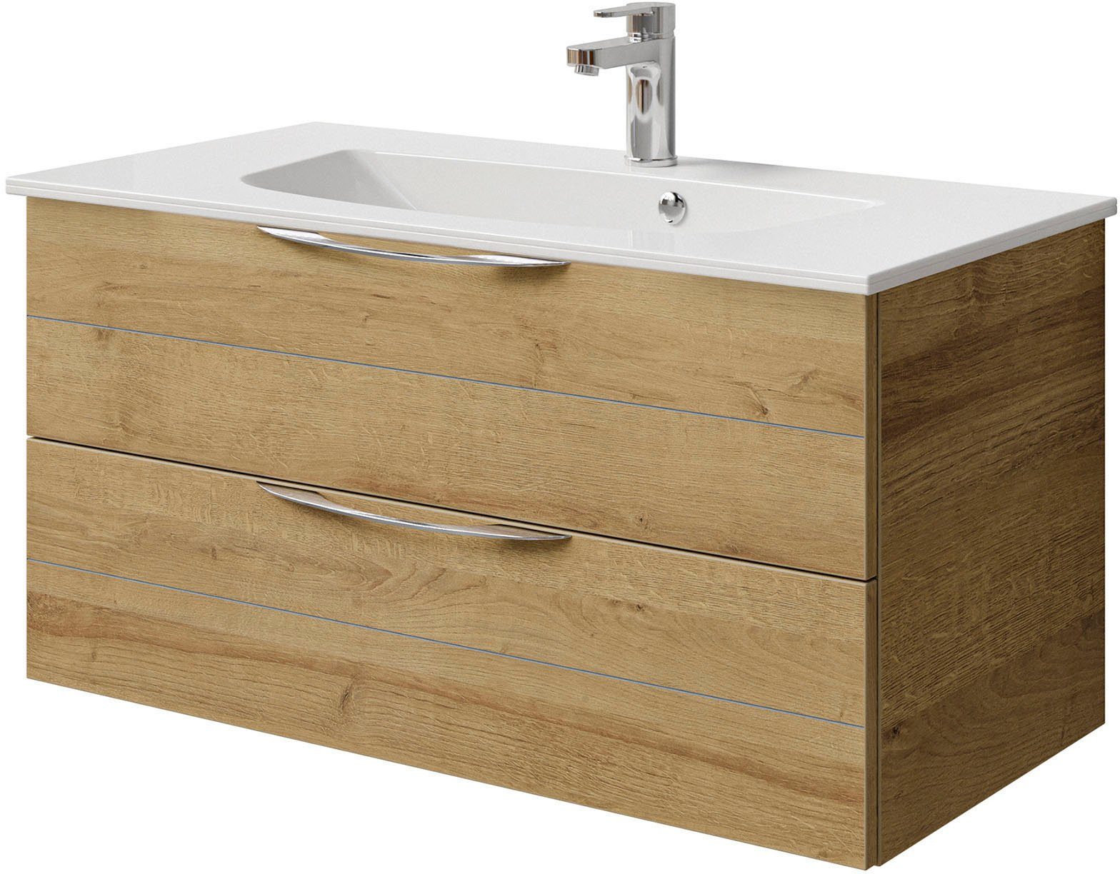 Saphir Wastafelonderkast Serie 6025 mineraalmarmeren wastafel met onderkast, 97 cm breed (2-delig) wastafelmeubels bruin