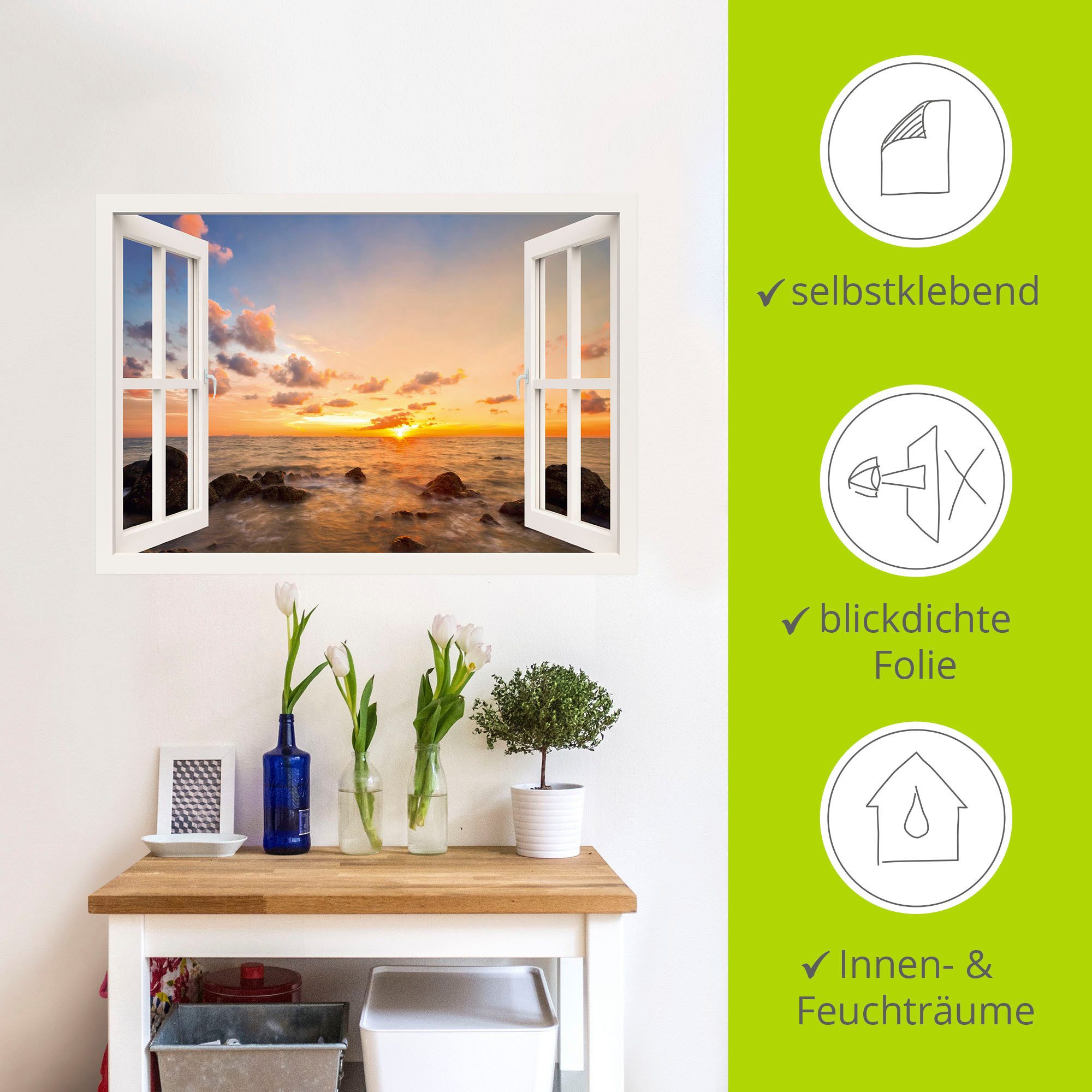 Artland Artprint Blik uit het venster zonsondergang aan zee als artprint van aluminium, artprint op linnen, muursticker, verschillende maten