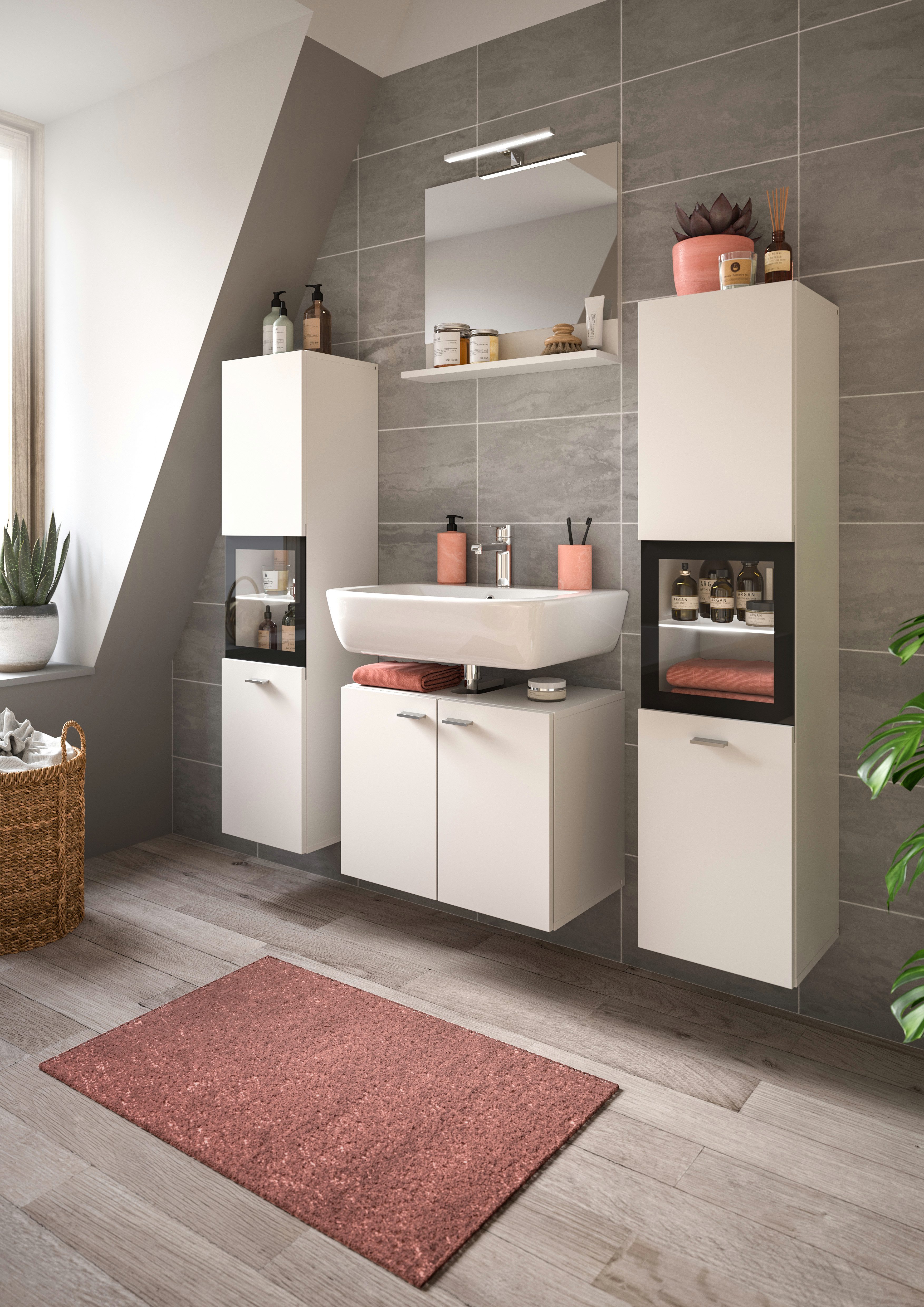 welltime Badmeubelset Tampa, breedte 137cm, 4-delig Wastafelonderkast, spiegel, hoge kast (4 stuks)