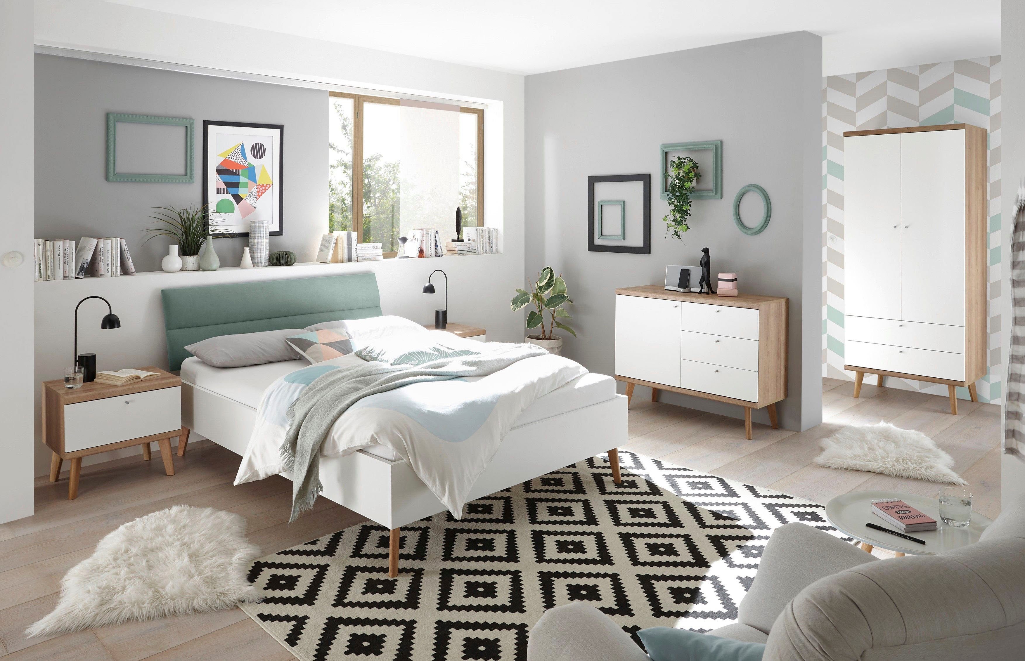 andas 1-persoonsledikant MERLE bed in Scandinavisch design, bedframe met massief houten poten met gepolsterde hoofdeinde, ligoppervlak 140x200cm, totaal: 145x200x88cm