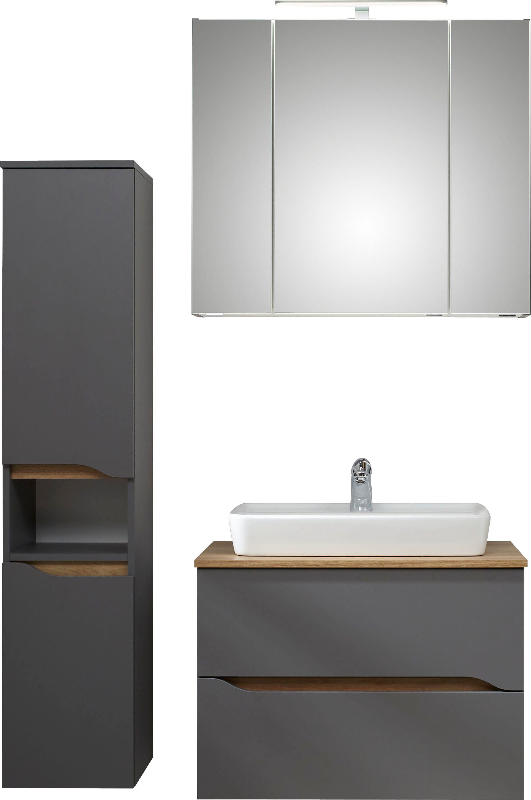 Saphir Badkamerserie Quickset 3-delig, keramische opzetwasbak met LED-spiegelkast Halfhoge kast, inclusief deurdemper, 2 laden, 5 deuren, 8 planken (3-delig)