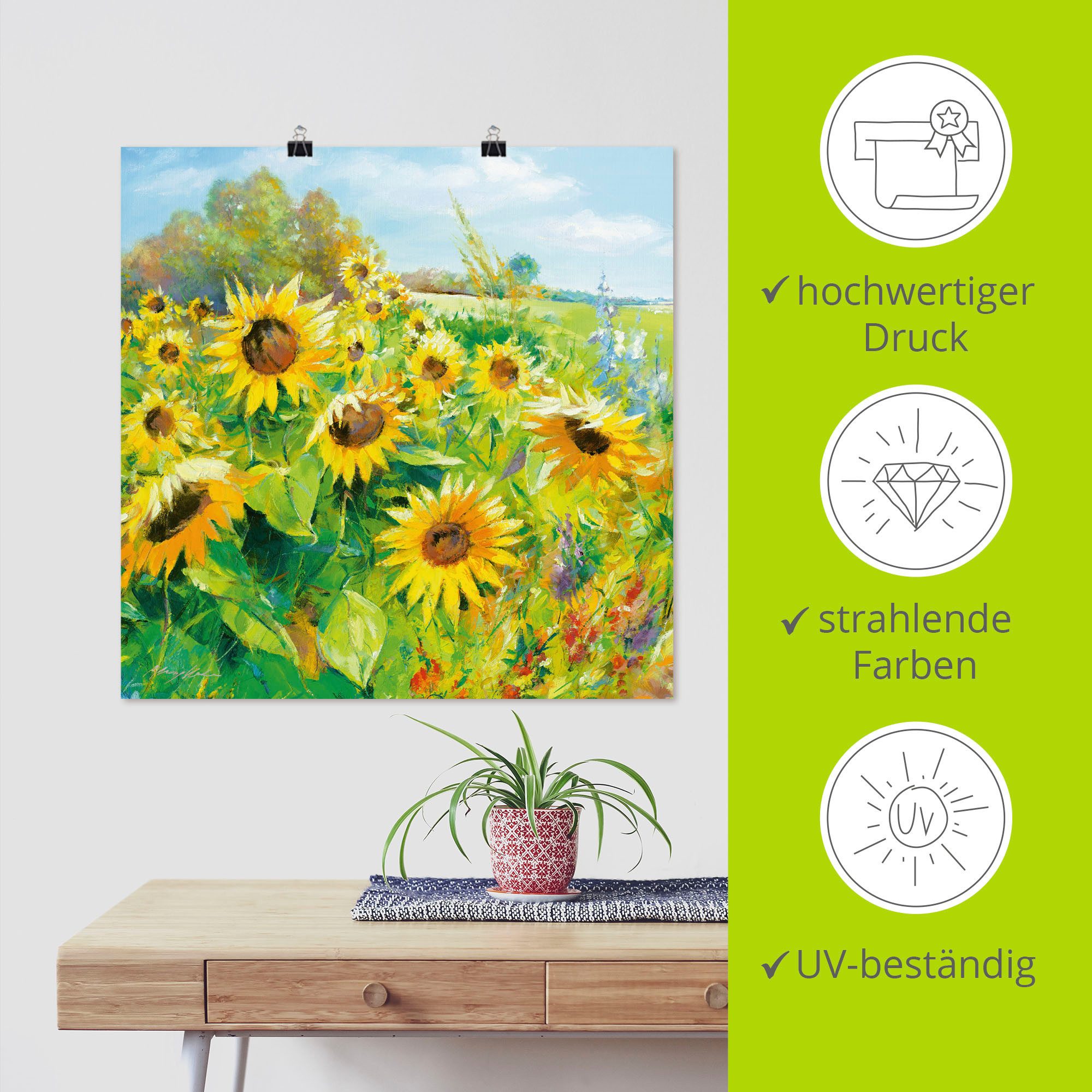 Artland Artprint Zomerweide met zonnebloemen als artprint van aluminium, artprint voor buiten, artprint op linnen, poster, muursticker