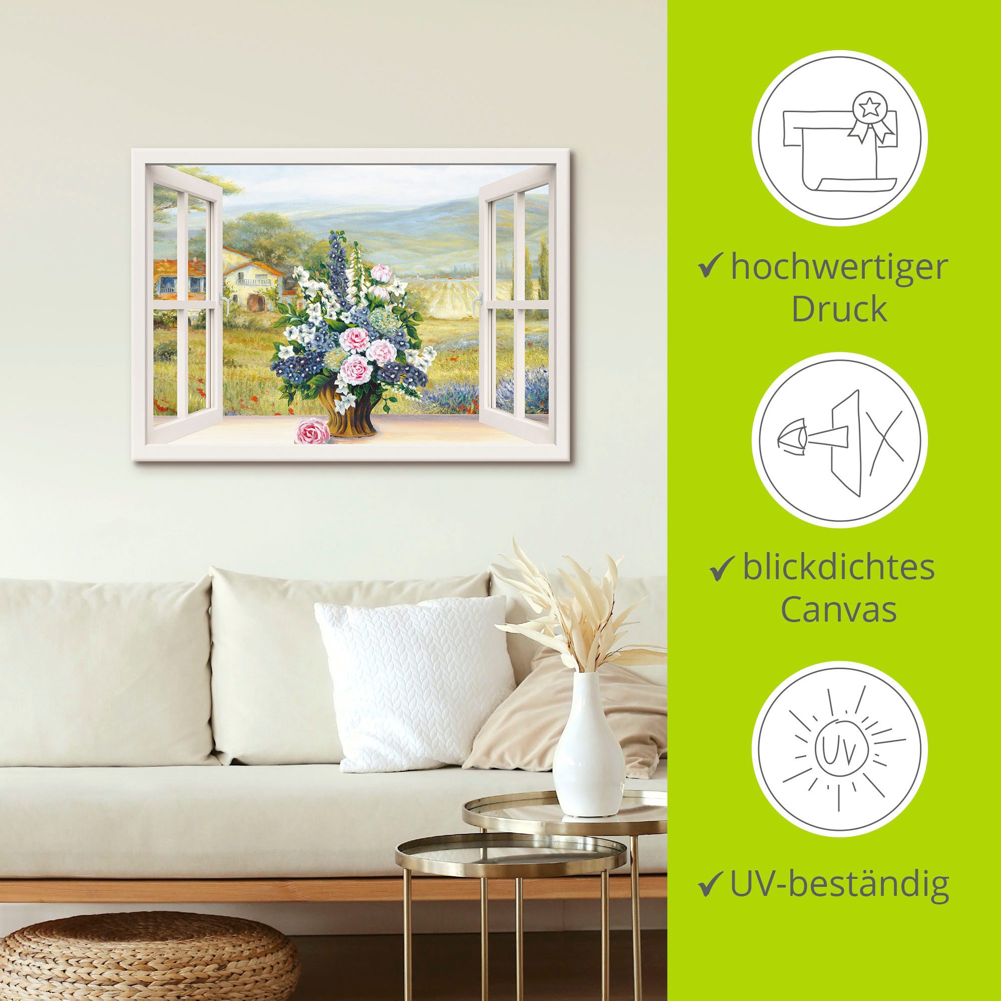 Artland Artprint op linnen Bloemboeket bij het witte raam