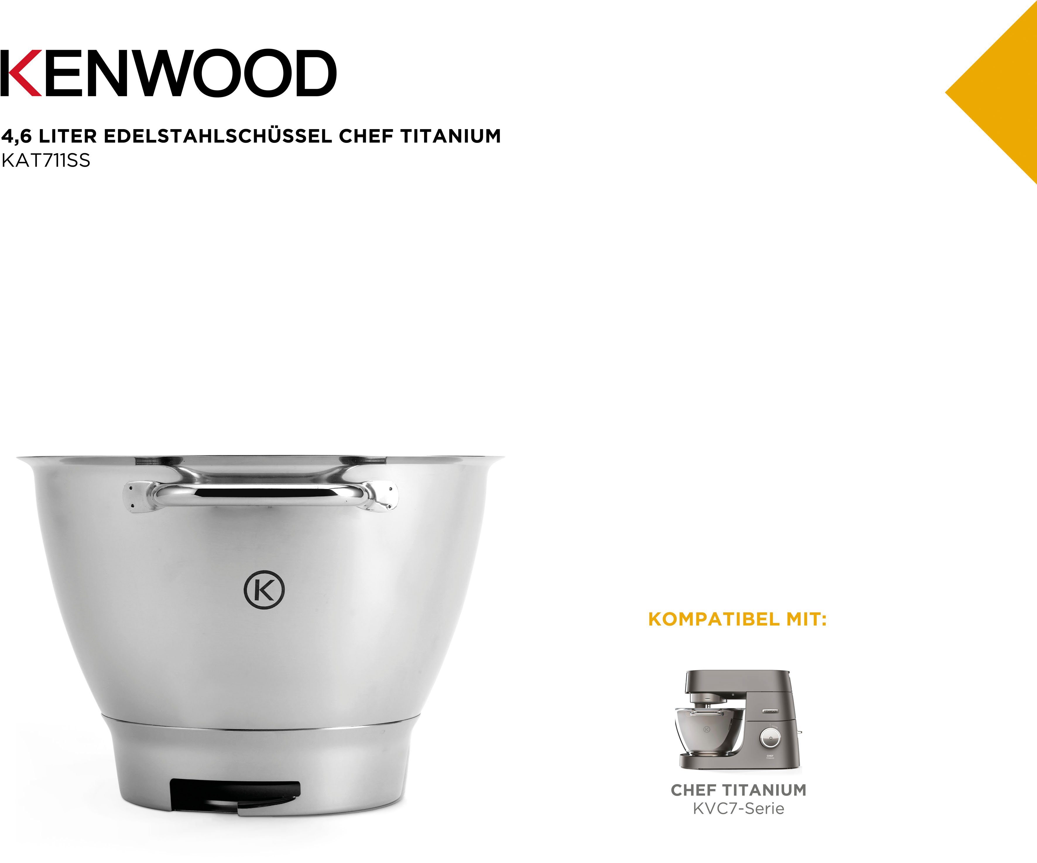 KENWOOD Keukenmachineschaal Chef Titanium edelstalen mengkom KAT711SS voor alle chef titanium-keukenmachines uit de kvc7000 / 7300 / 7400 serie