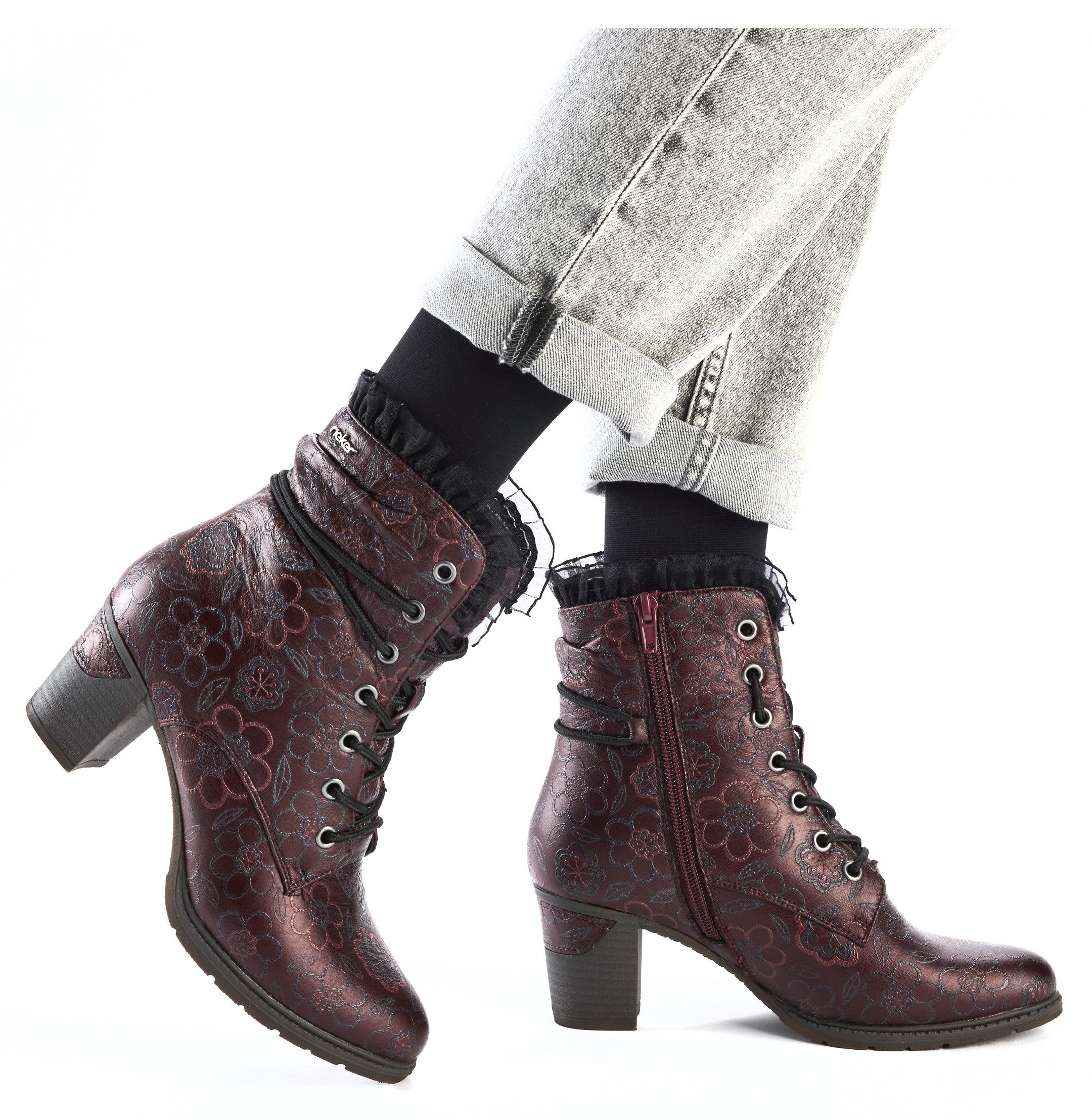 Rieker Winterlaarsjes veterschoenen, ritssluiting laarzen, hakken, bloemenprint