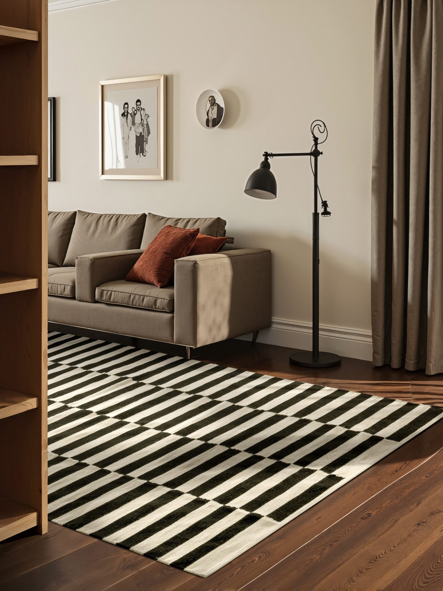 HANSE Home Wollen kleed Donna, zwart-wit handgeweven, wol, natuur, loper, woonkamer, slaapkamer, strepen