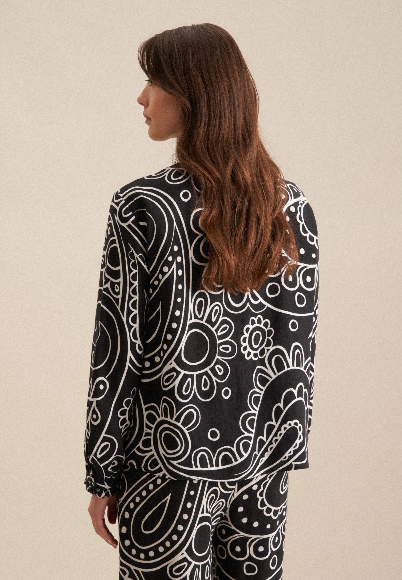 seidensticker Klassieke blouse Zwarte roos Lange mouwen ronde hals paisley