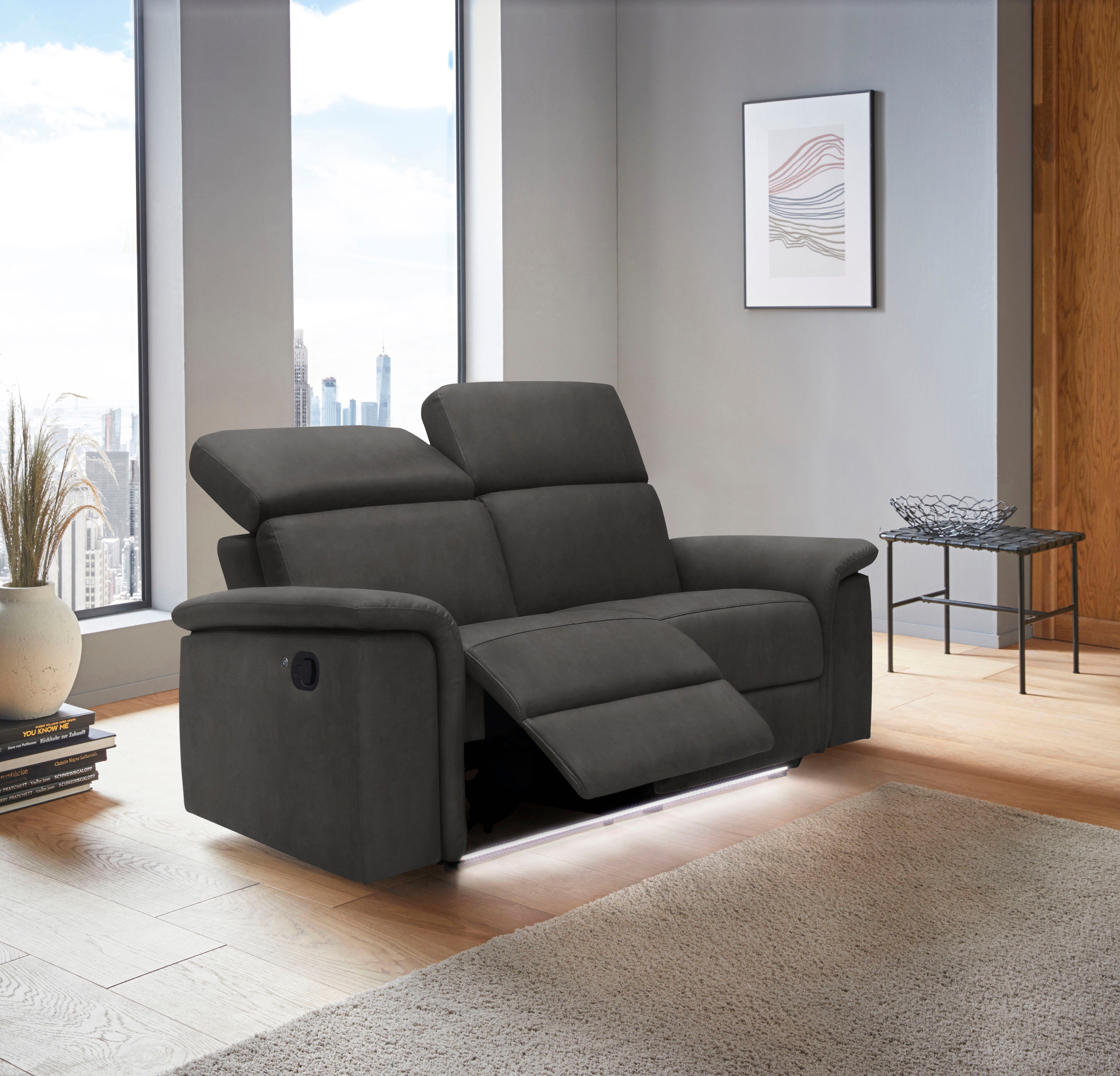 Places of Style 2-zitsbank Pareli 172 cm, handmatige en elektrische relaxfunctie USB, hoofdsteunverstelling, LED, in echt leer, kunstleer, web