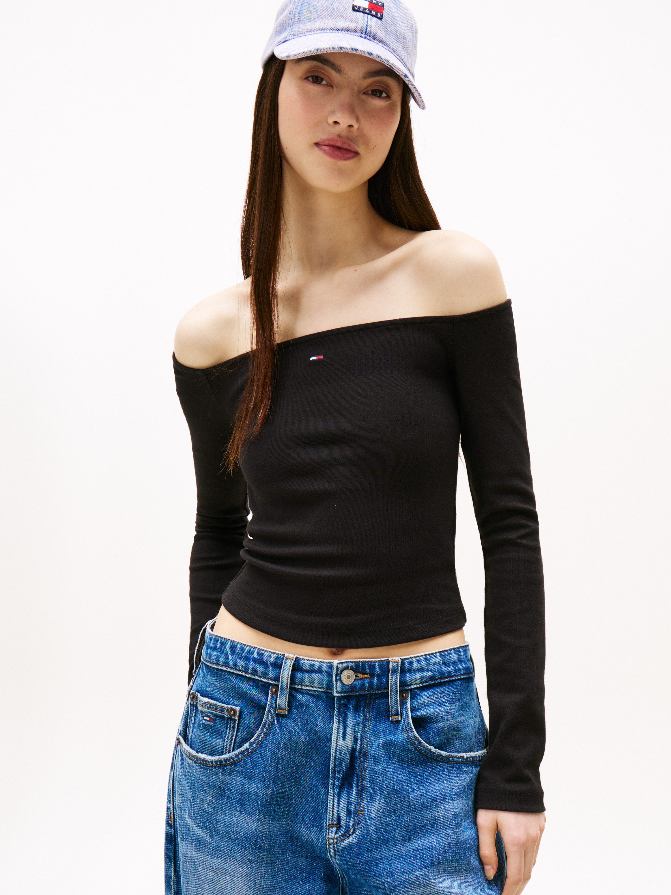 TOMMY JEANS Shirt met lange mouwen TJW SLIM ESSENTIAL BOAT NECK LS dames longsleeves maat M (38) zwart