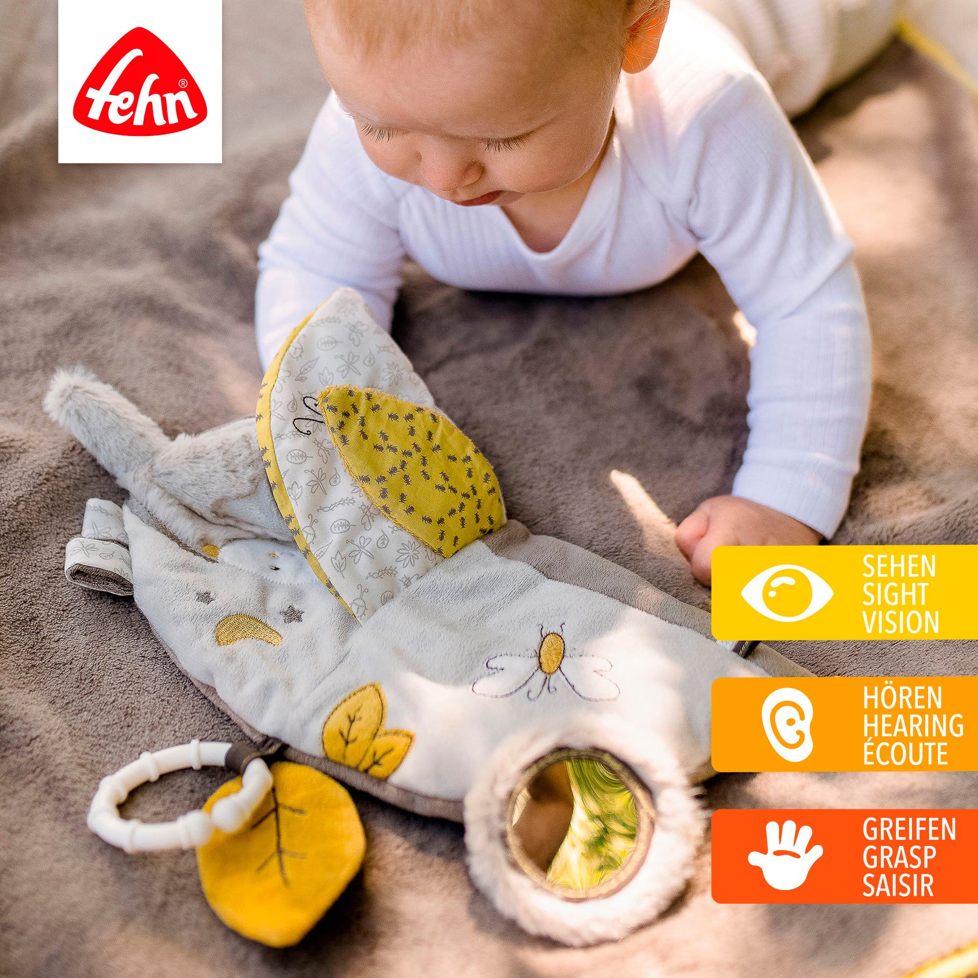 Fehn Grijpspeeltje Australië, stoffenboek met ring ter bevestiging aan kinderwagen, babyzitje of bed