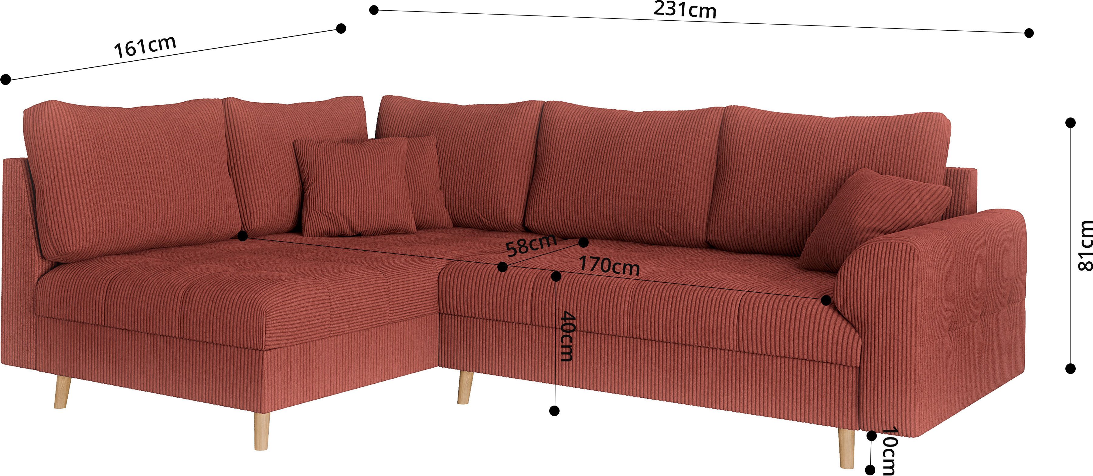 Home affaire Hoekbank CHARRE L-vorm met ottomane, afmetingen B/D/H: 231/161/81 cm fijne stiksels, losse rug- en sierkussens, ook in cord en bouclé