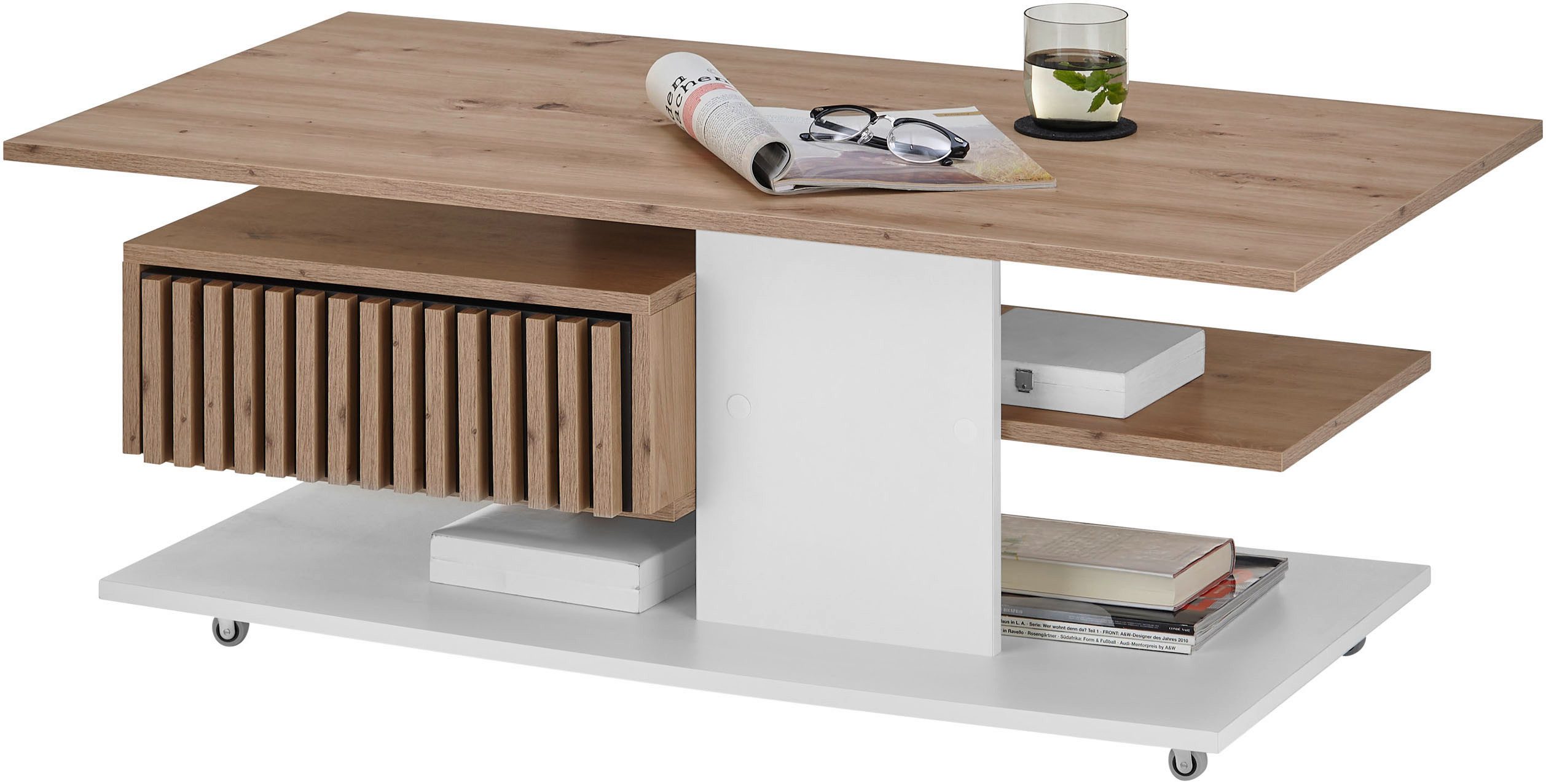 Stolkom Salontafel Ally salontafel met wielen wit, Artisan decor, BxHxD 110x44,5x60 cm