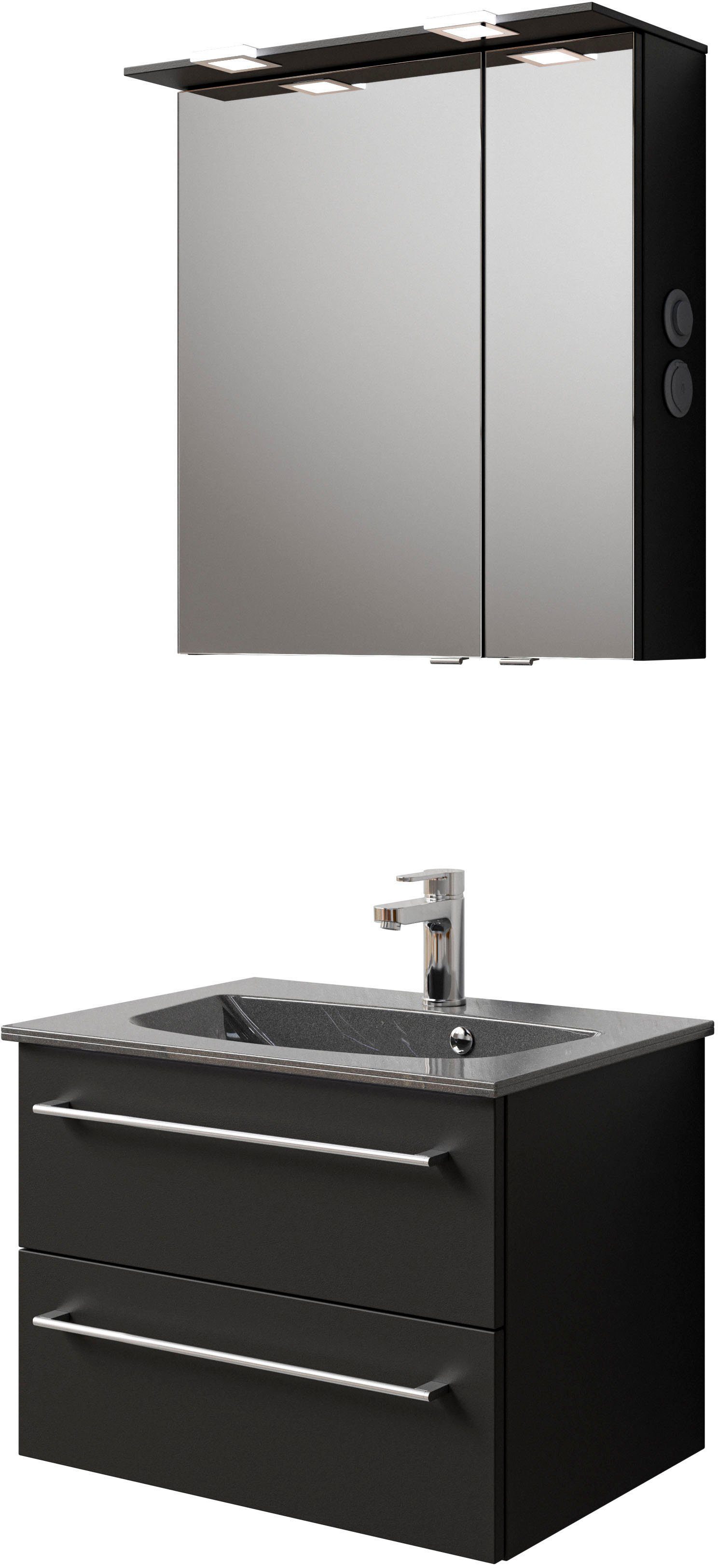Saphir Badkamerserie Serie 6025 2-delig, mineraalmarmeren wastafel met led-spiegelkast Wastafelmeubel 67 cm breed, 2 laden, 2 spiegeldeuren, incl.
