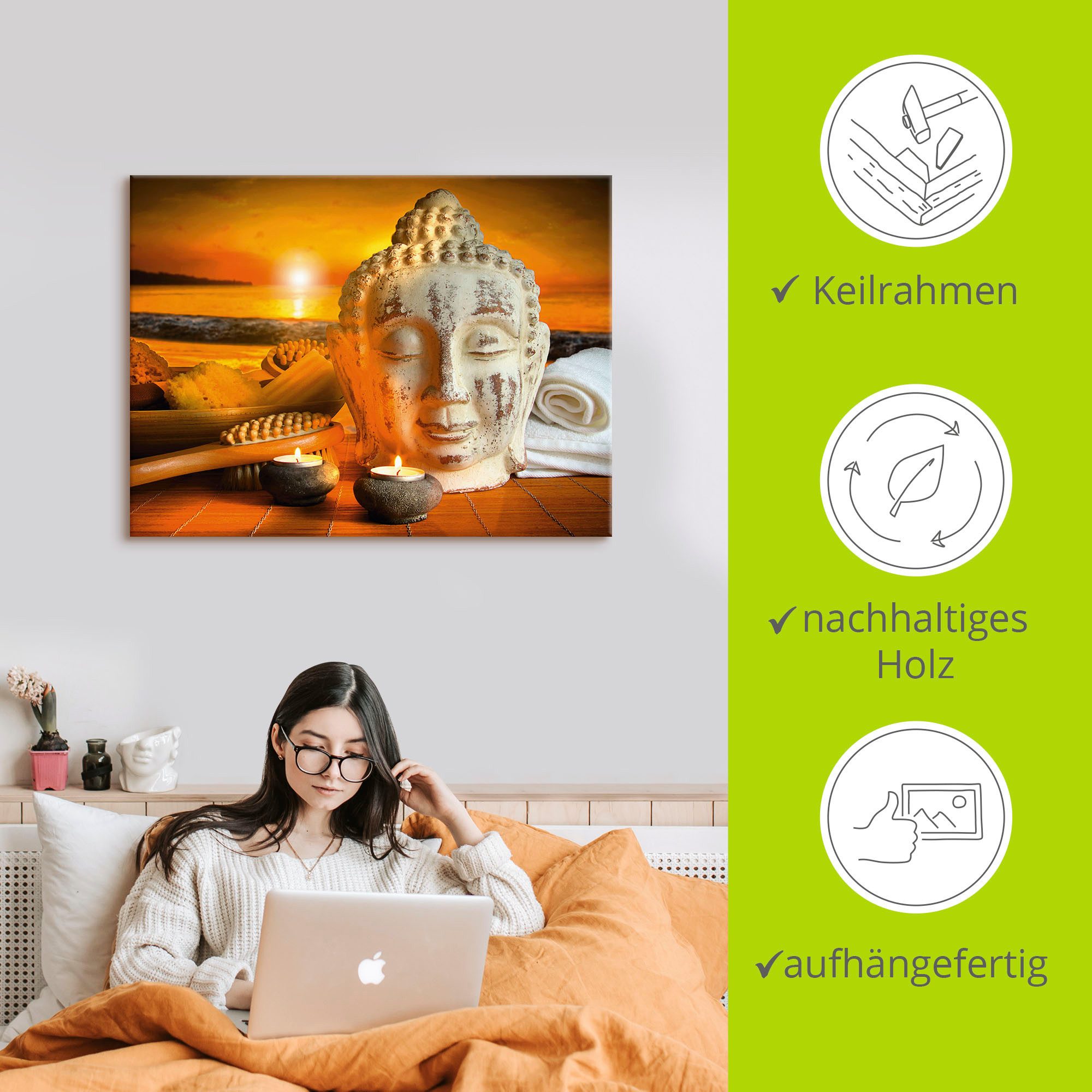 Artland Artprint Bad-accessoires met boeddha-standbeeld als artprint van aluminium, artprint op linnen, muursticker, verschillende maten