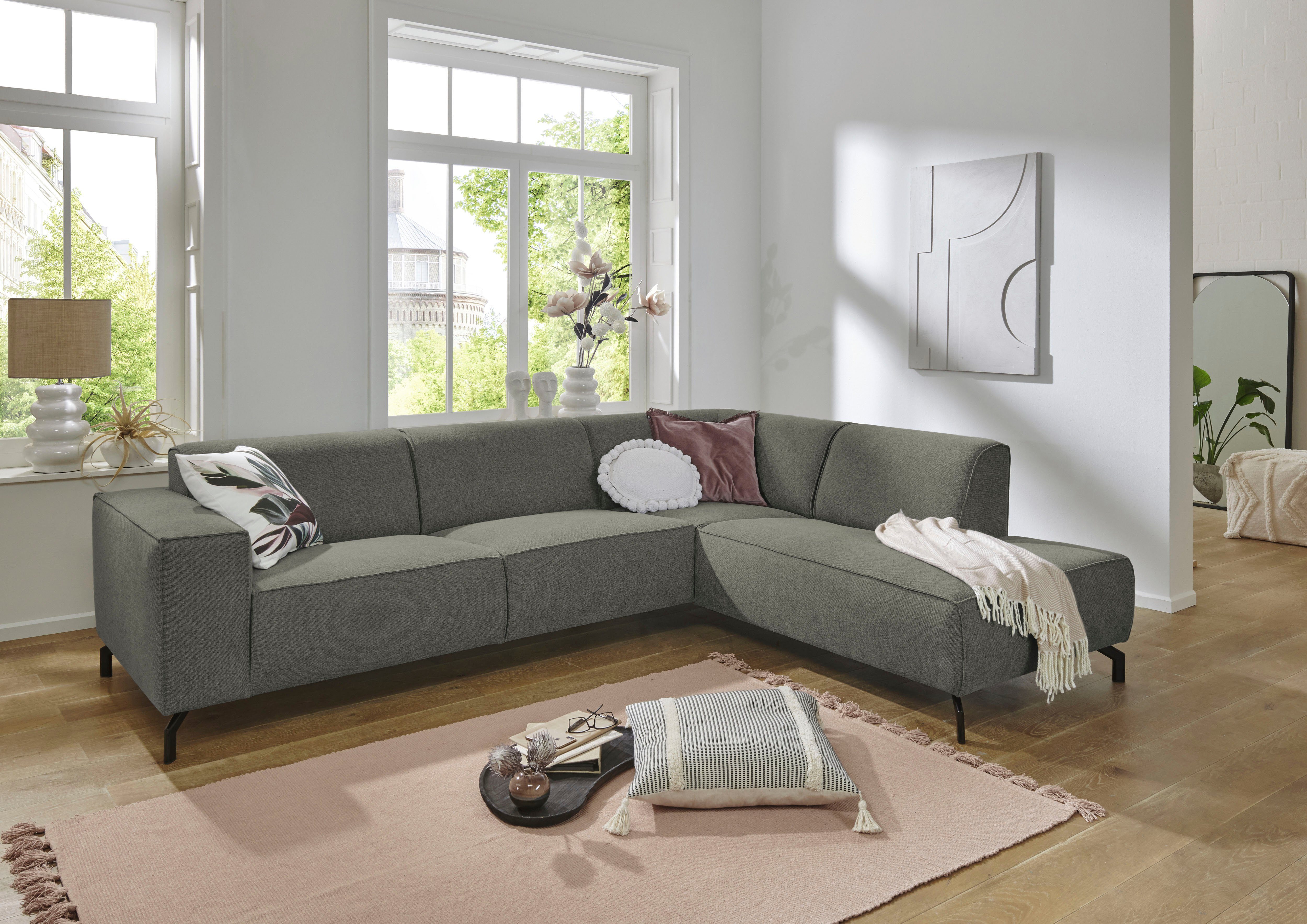 Places of Style Hoekbank Lorcan, breedte 275 cm, zacht zitgevoel met zwarte metalen poten, lederlook en zachte structuurstof