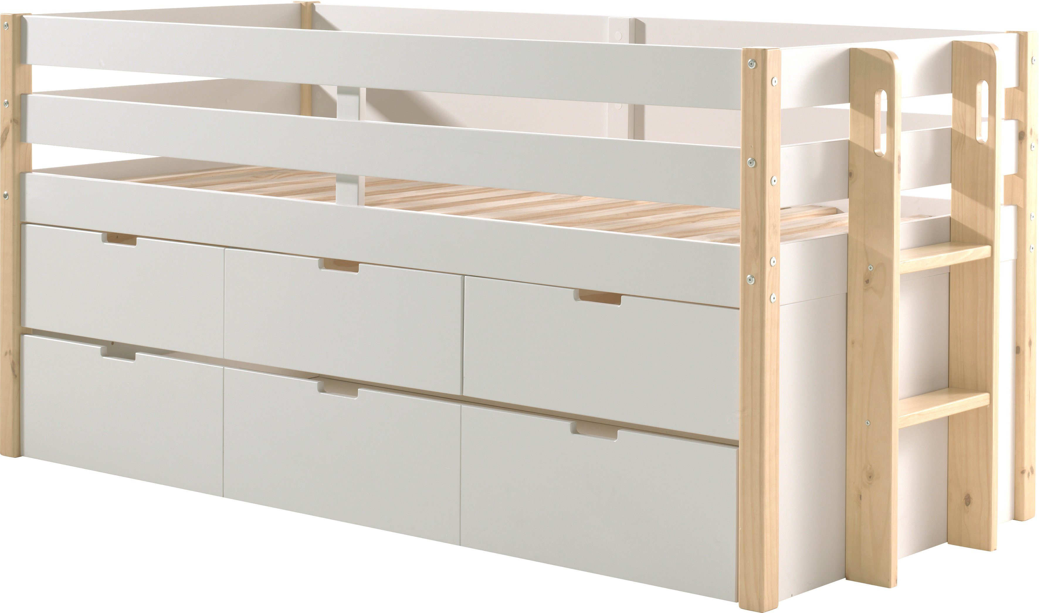 Vipack Hoogslaper Valbeveiliging, ligoppervlak 90x200 cm, lattenrol, uitvoering wit/naturel
