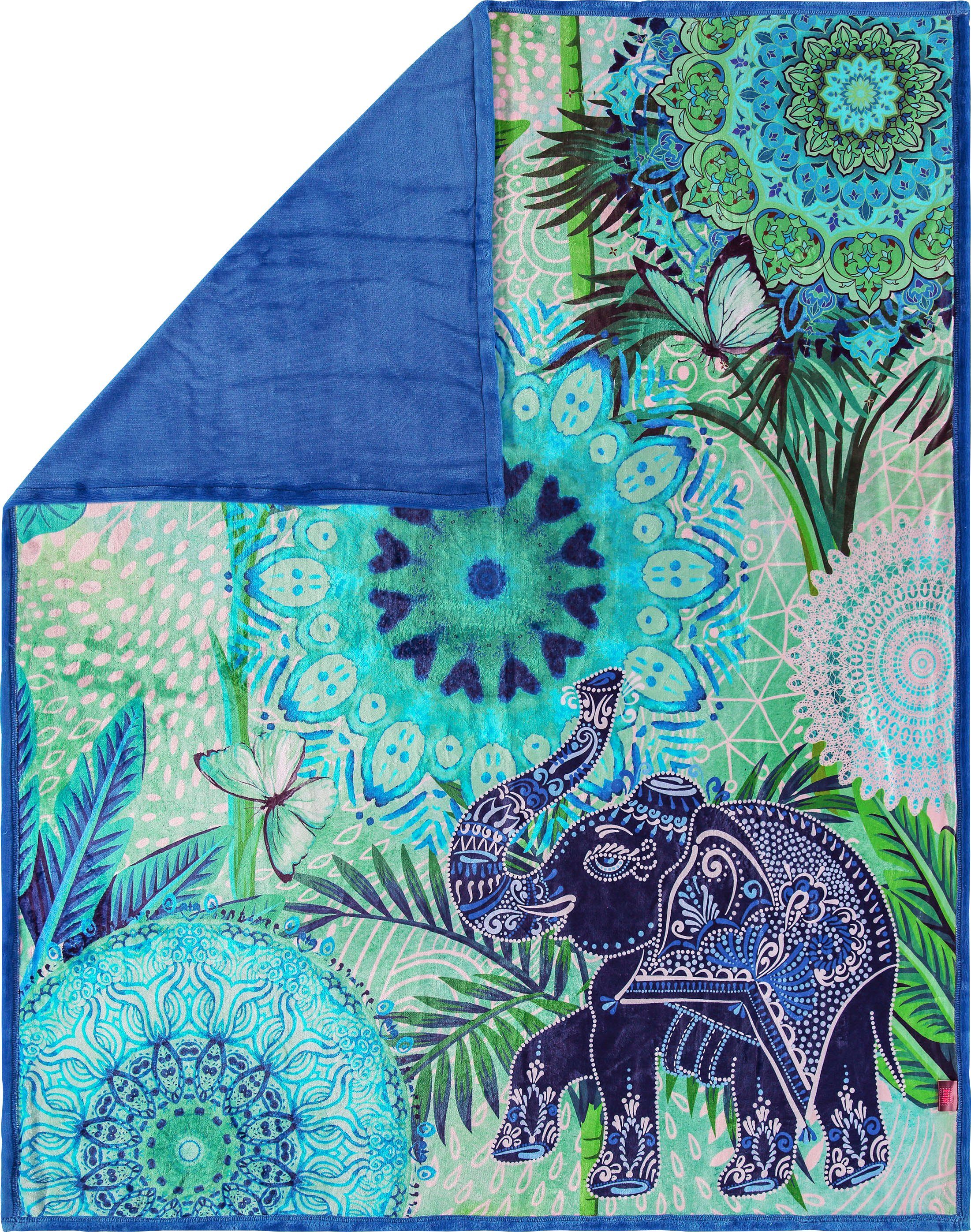hip Plaid Isara Zacht, knuffeldeken, 130x160 cm, omkeerbaar, mandala, olifant blauw