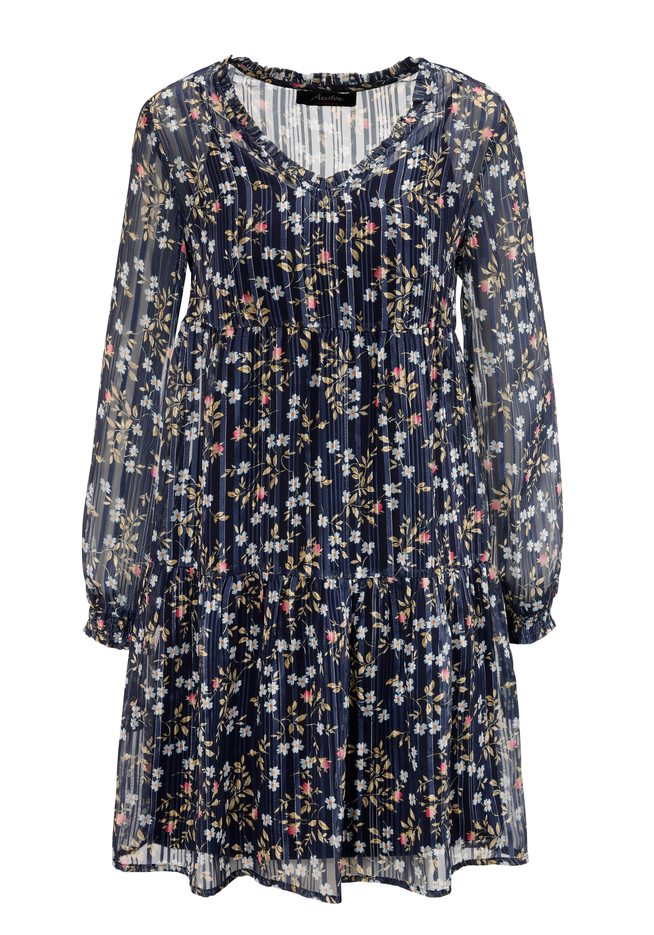 Aniston CASUAL Mini-jurk met glanzdraden versierde bloemenprint (Met jersey onderjurk)