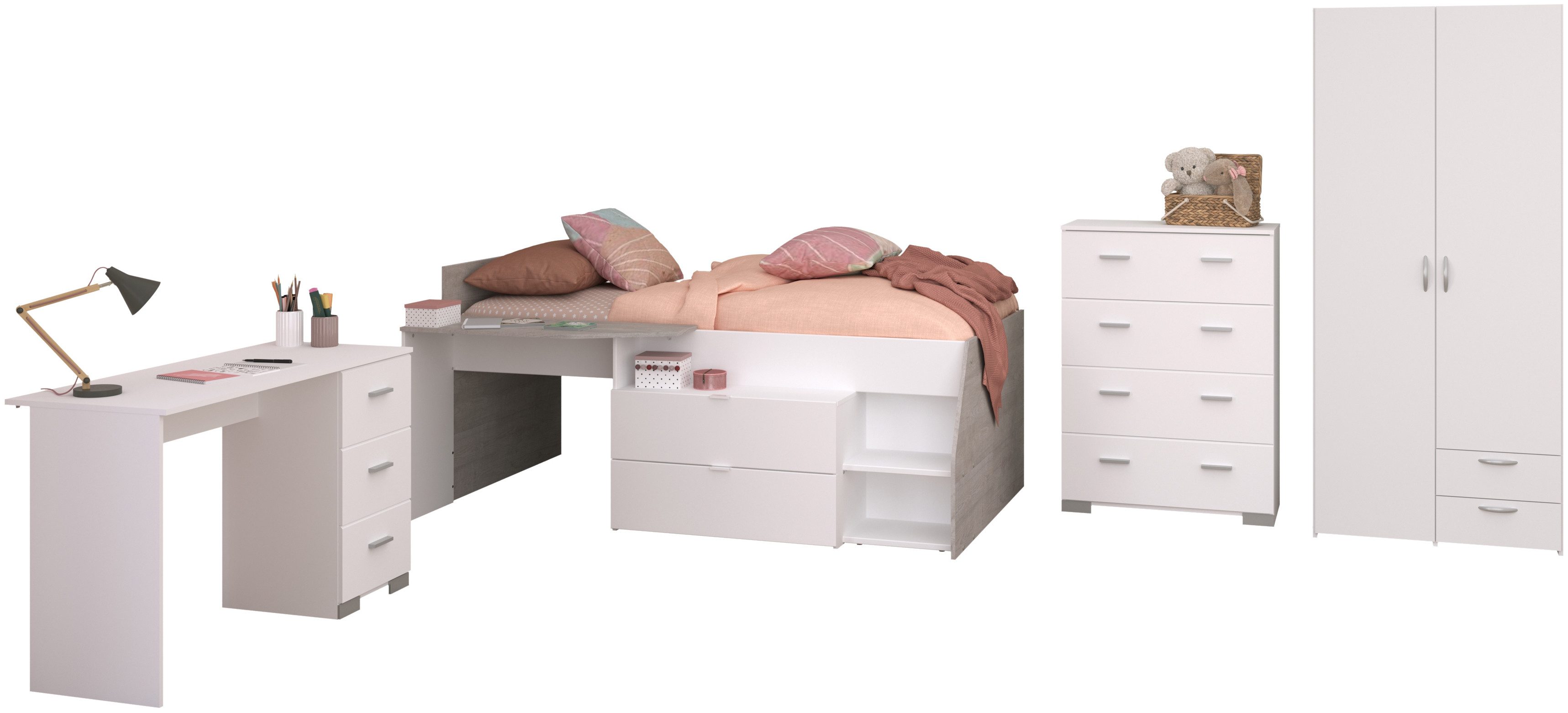 Parisot Tienerkamerset Parisot, Milky 11 veel opbergruimte, complete kamer, voor jongens en meisjes (5-delig)