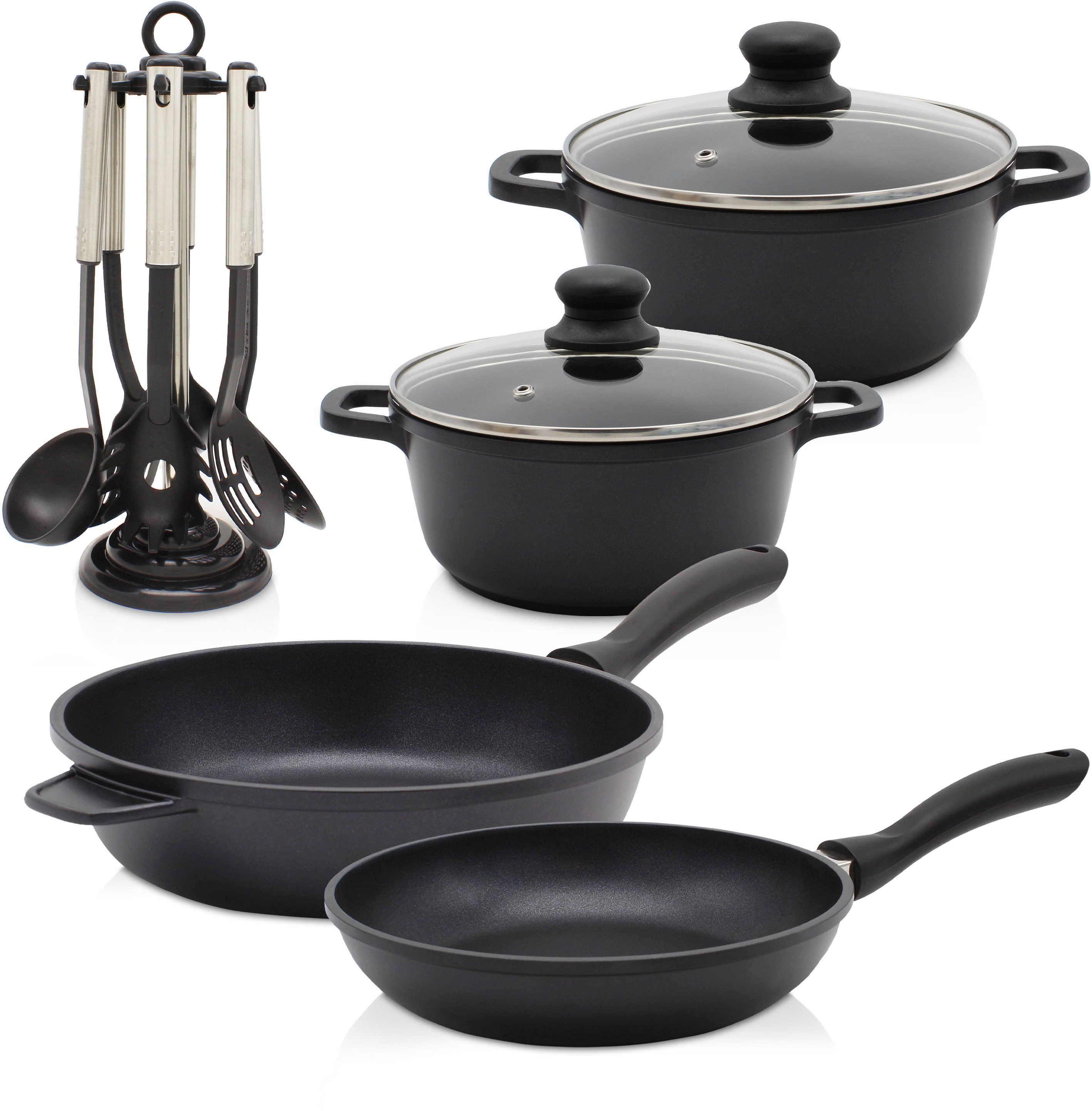 Krüger Pannenset Aluminium pot- en pan-set LEIPZIG inclusief keukenhulpmiddelen, 13-delig. (set, 13-delig) pannensets