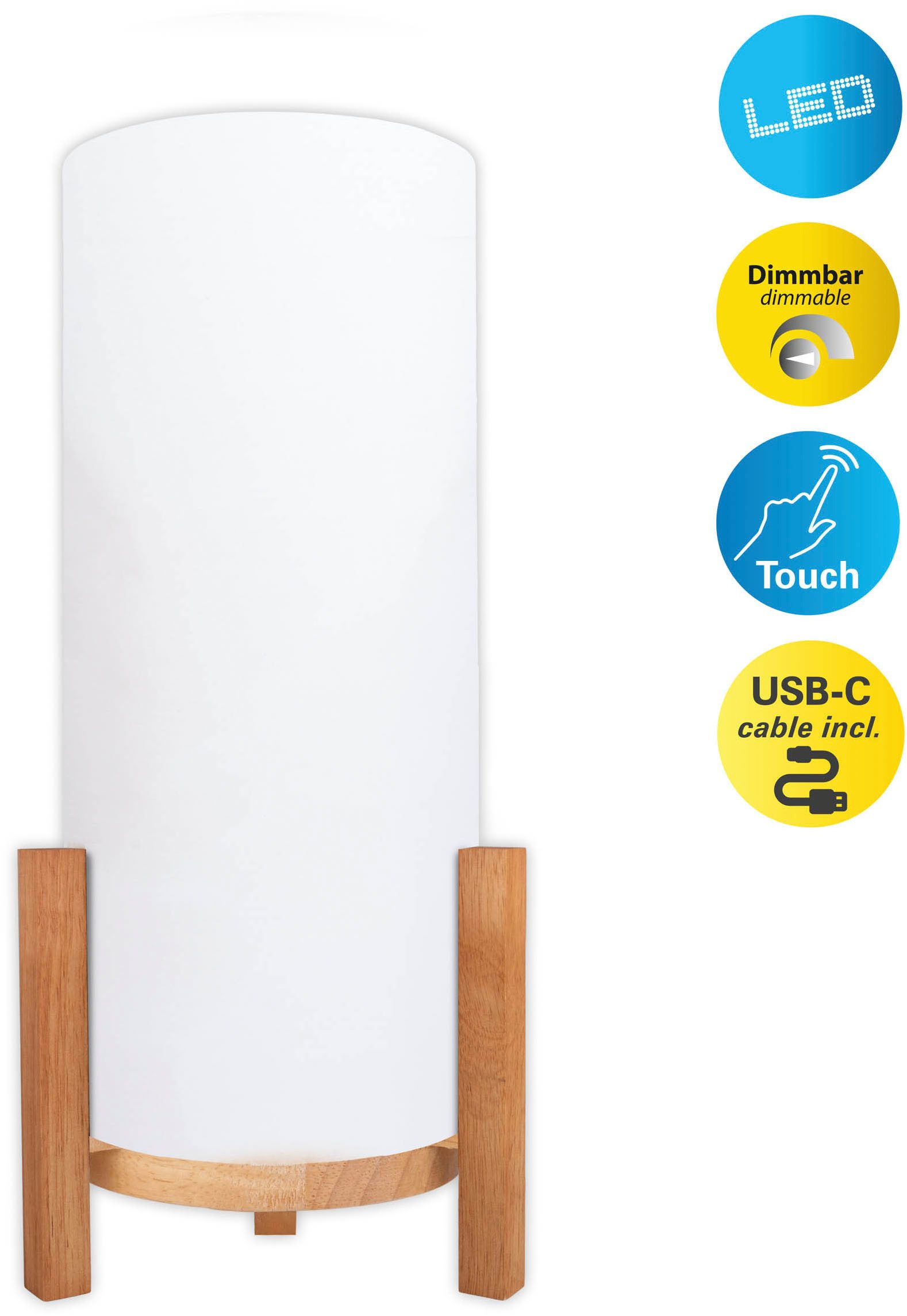 näve Led-tafellamp Matida Accu-werking, incl. USB-C-kabel, houten frame, textielscherm, dimbaar (1 stuk) tafellampen beige