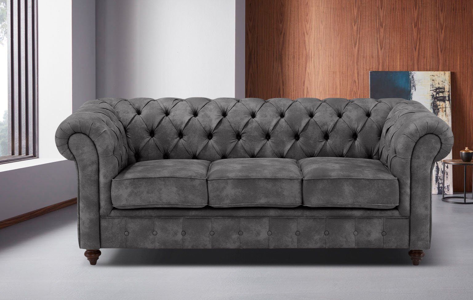 Home affaire Chesterfield-bank Chesterfield 3-zits B/D/H: 198/89/74 cm met hoogwaardige knoopdetails, ook in leer