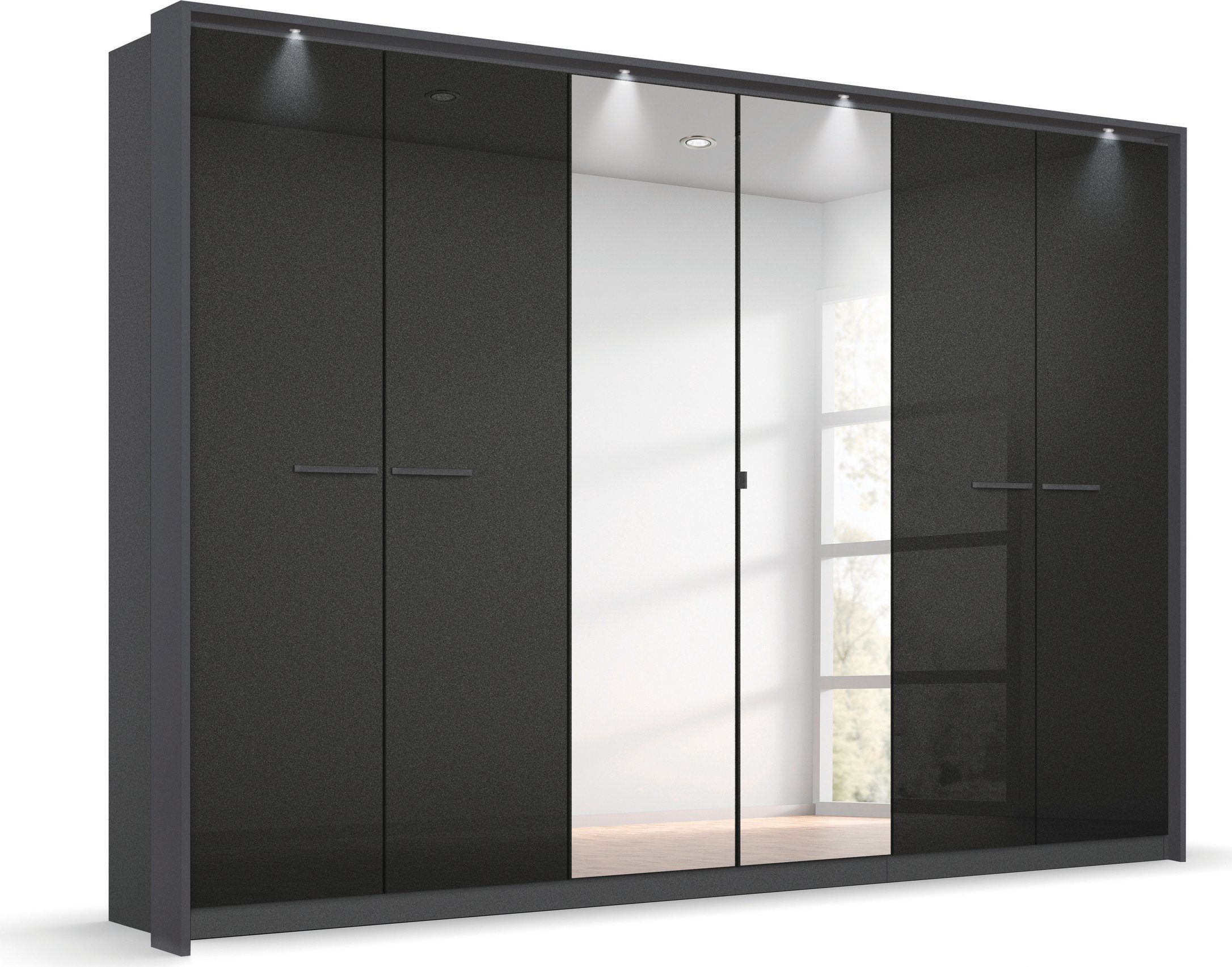rauch Draaideurkast Oteli met spiegel in het midden en passe-partout, optioneel met verlichting kledingkasten maat 275 cm x 212 cm x 58 cm grijs